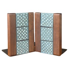 Vintage Pair of Ceramic Tile and Walnut Bookends by Jane & Gordon Martz 