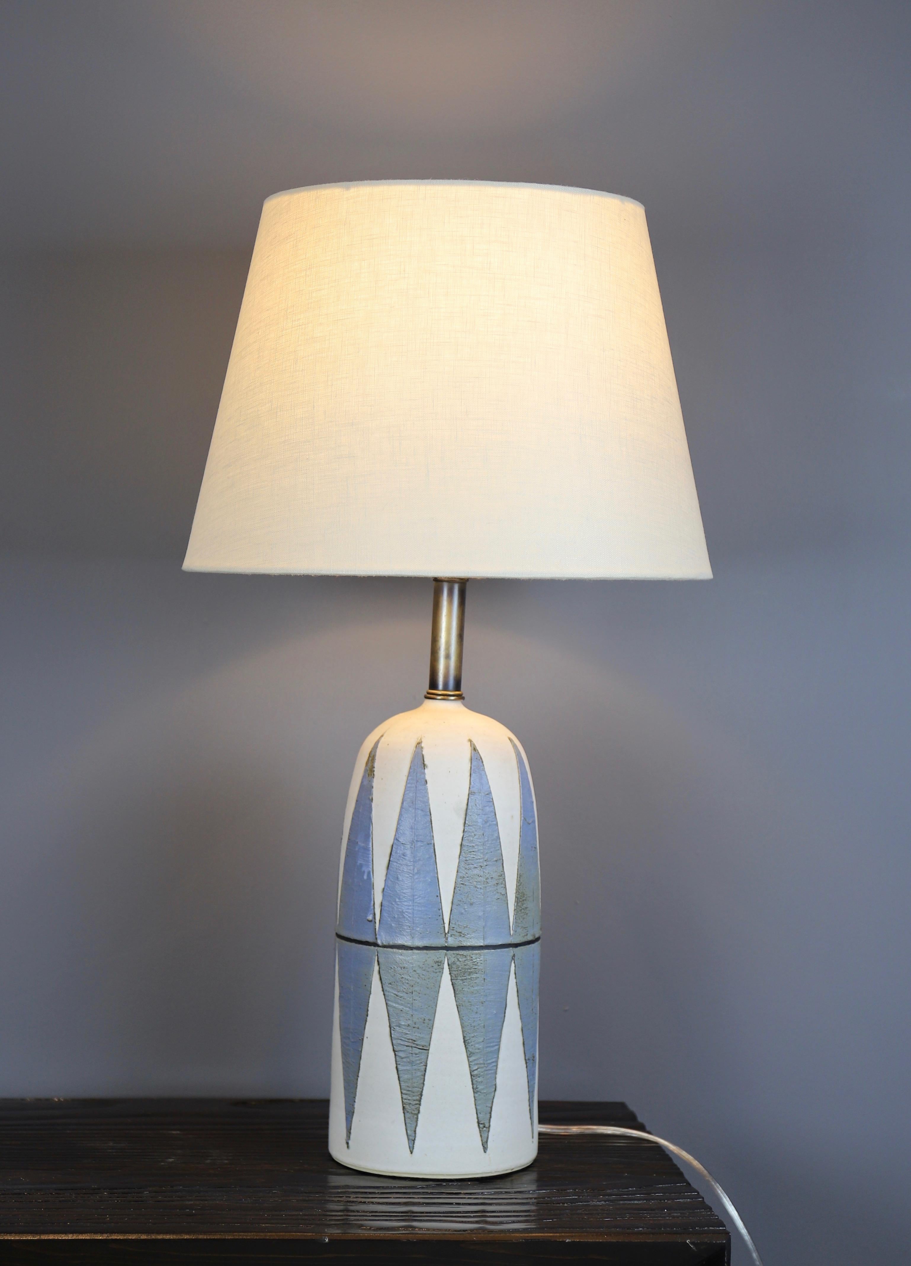 Pair of turned pottery lamps by ceramic artist Matthew Ward with light blue incised design.
Beautiful form and texture.
Lamps are available to view at my gallery in Chelsea.