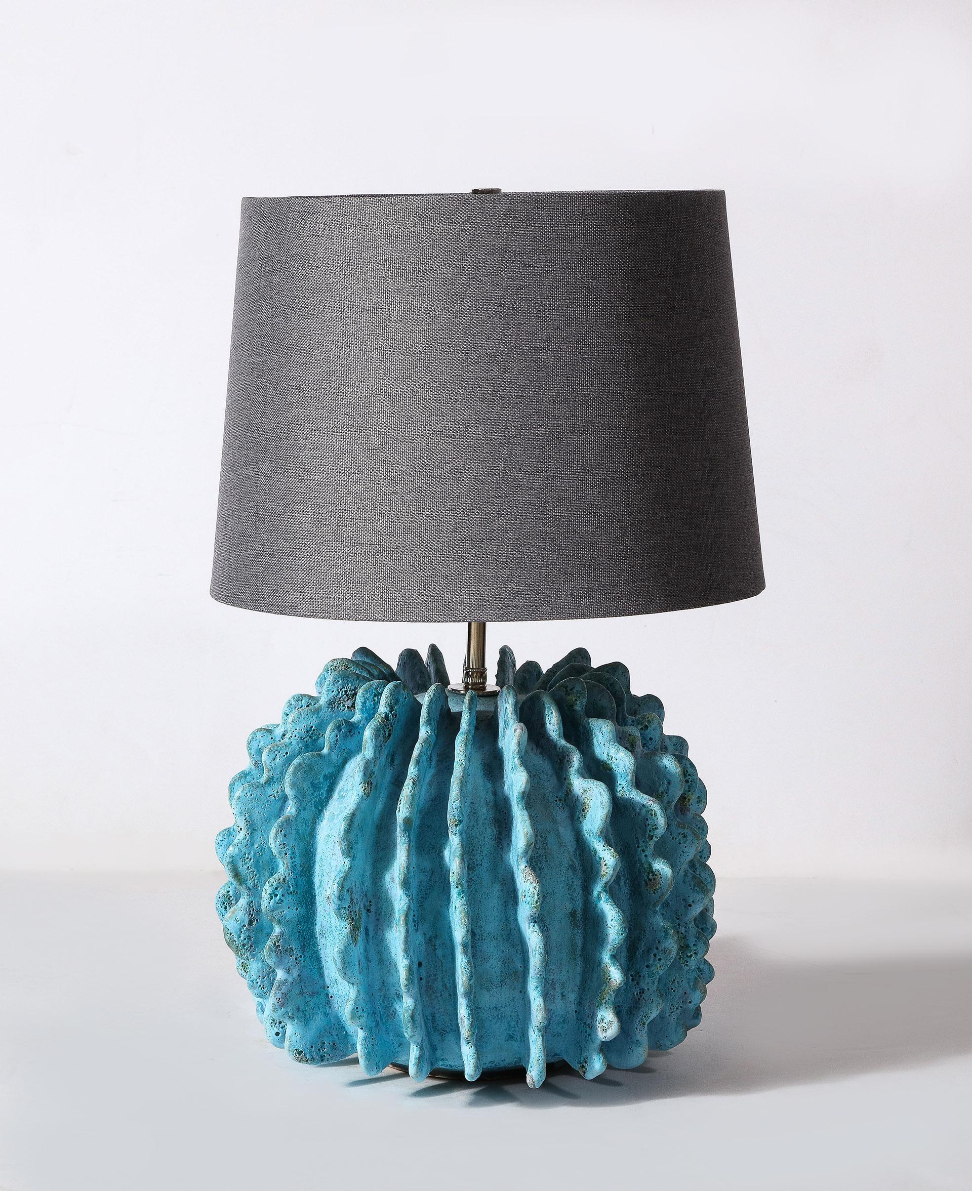 Glazed Pair of Ceramic Turquoise Lamps by Shizue Imai For Sale