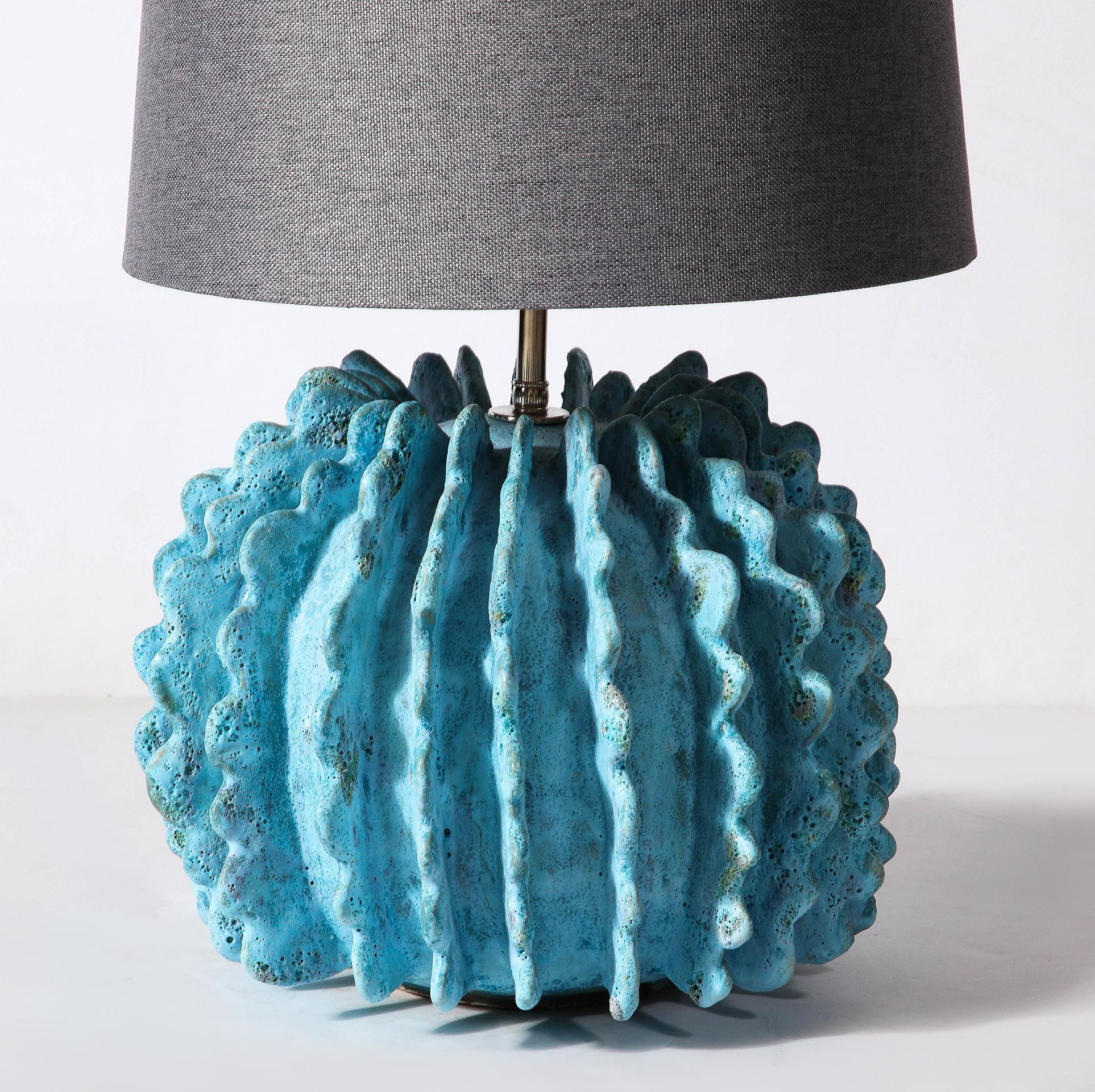 Pair of Ceramic Turquoise Lamps by Shizue Imai In New Condition For Sale In New York, NY