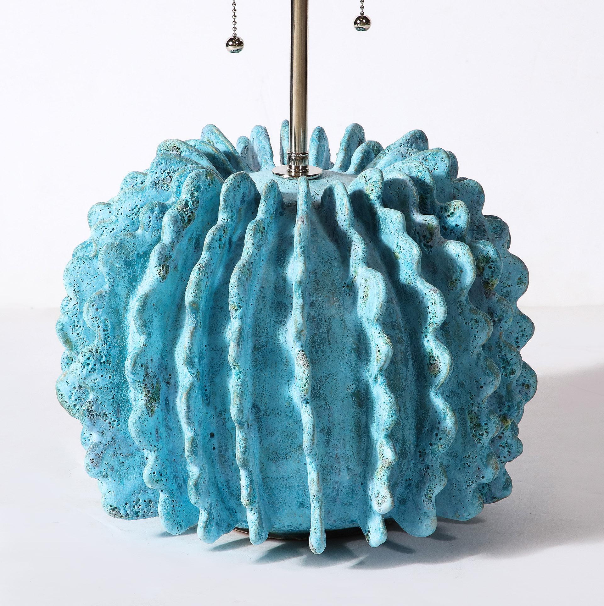 Pair of Ceramic Turquoise Lamps by Shizue Imai For Sale 1