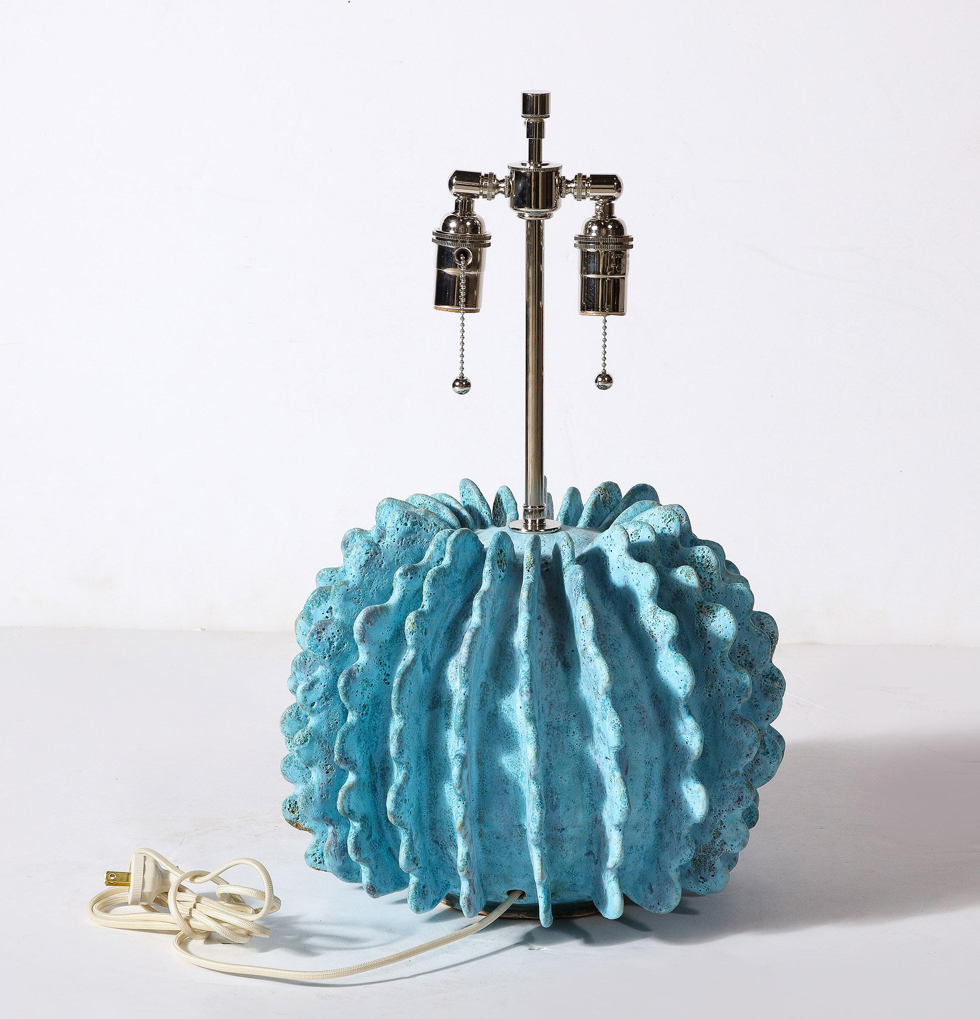 Pair of Ceramic Turquoise Lamps by Shizue Imai For Sale 2
