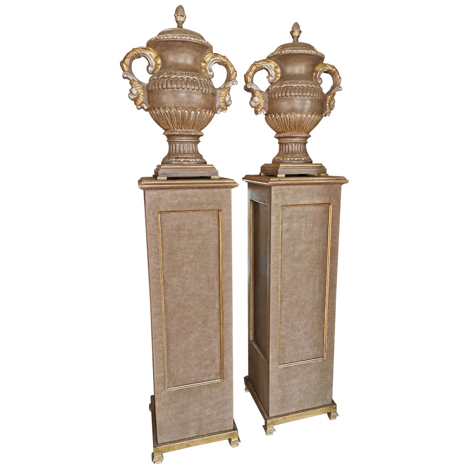 Pair of Ceramic Urns on Wooden Pedestals For Sale