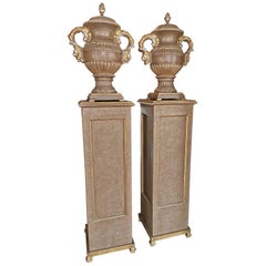 Pair of Ceramic Urns on Wooden Pedestals