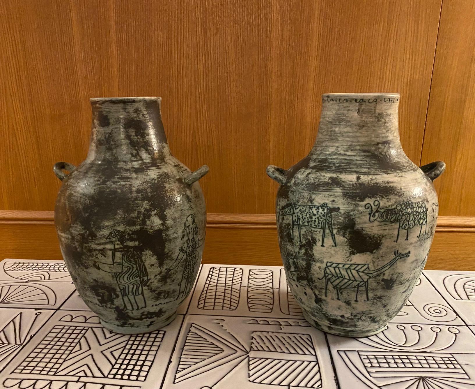 Pair of ceramic vases by Jacques Blin, France, 1960s
Decor of animals by Jean Rustin.
Similar forms reproduced in the book 