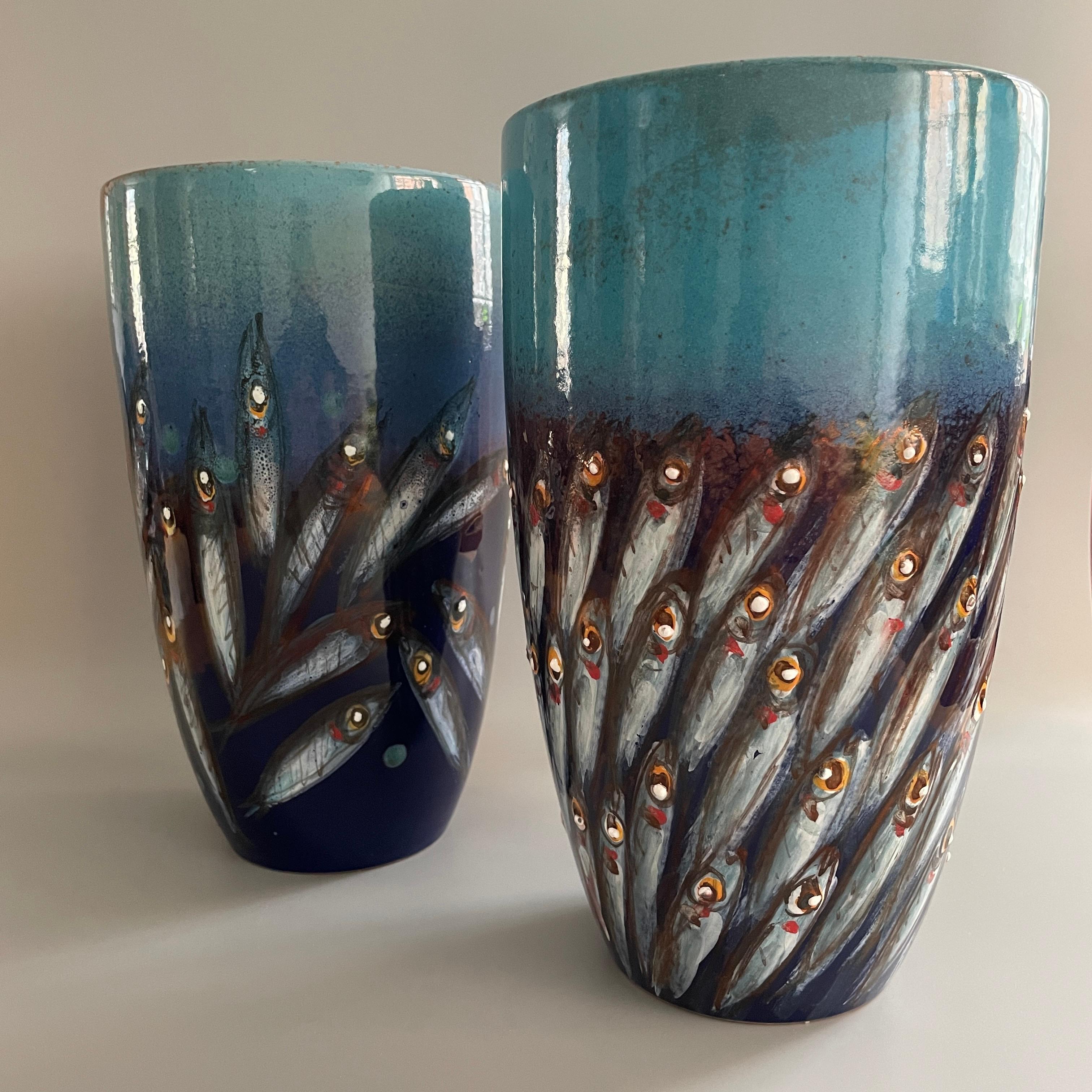 Italian Pair of Ceramic Vases Hand Painted Majolica Italy Contemporary 21st Century For Sale
