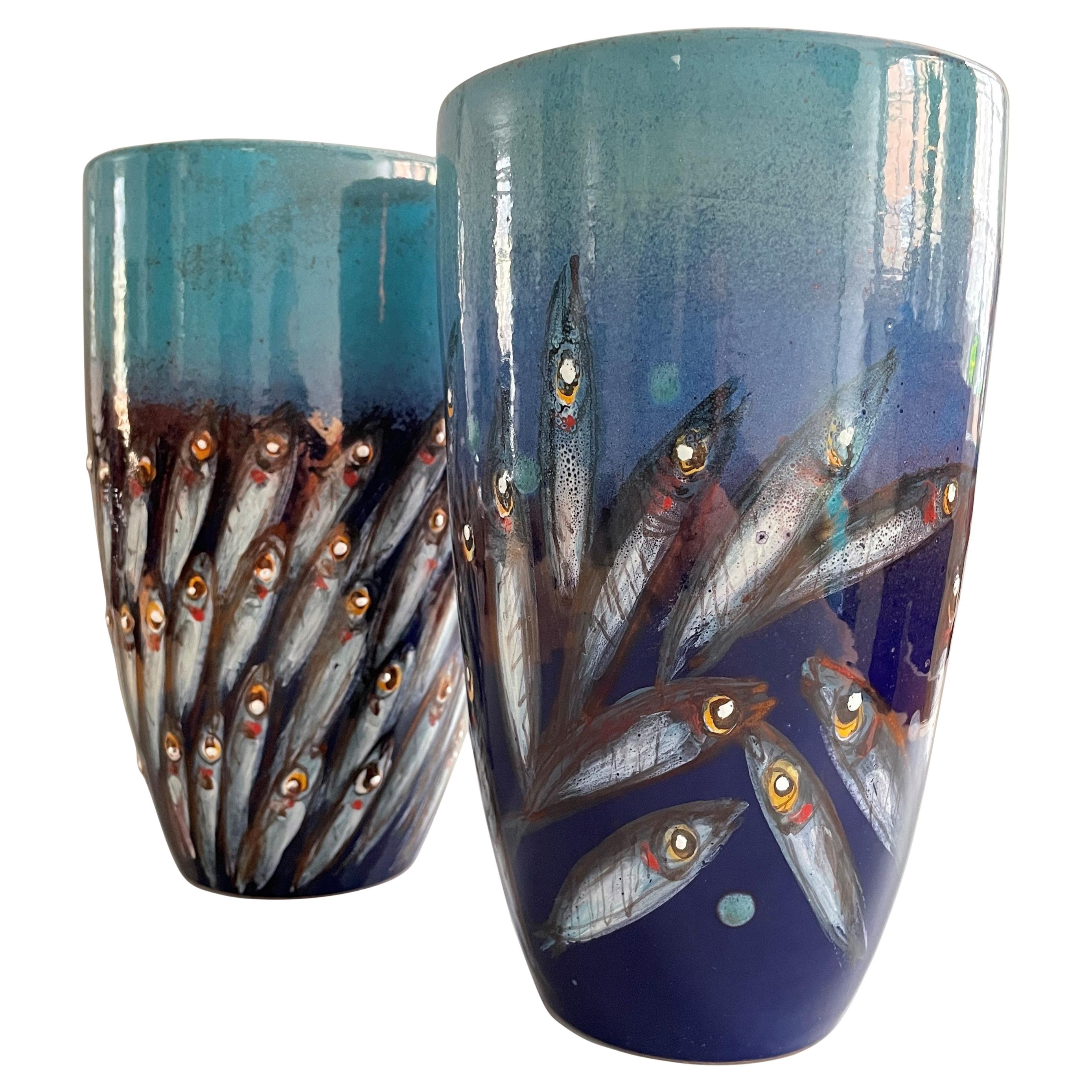 Pair of Ceramic Vases Hand Painted Majolica Italy Contemporary 21st Century