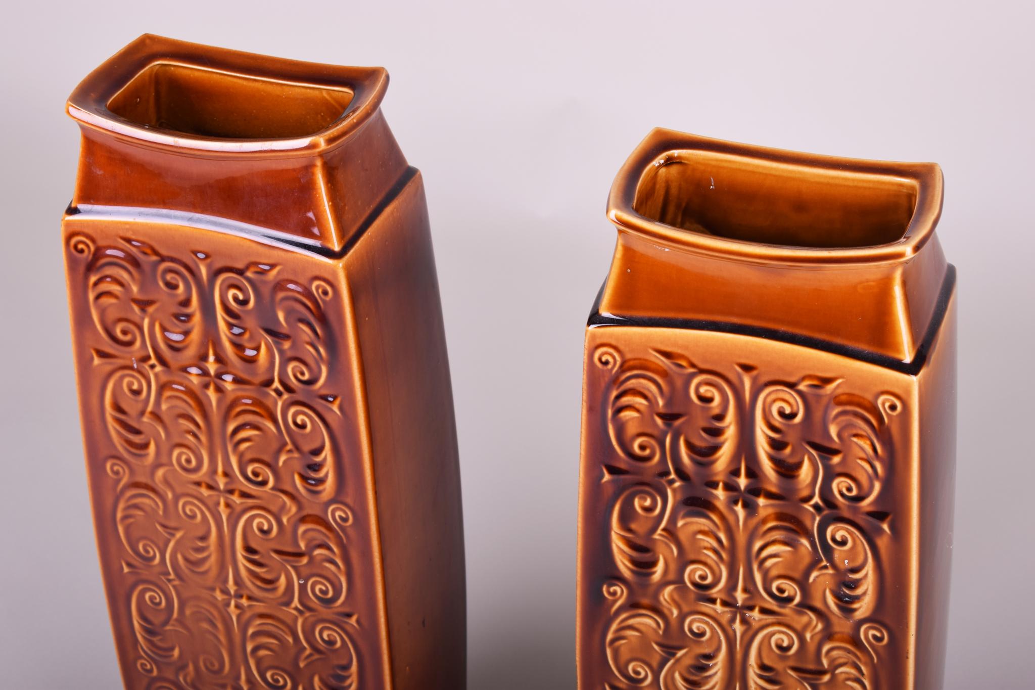 Glass Pair of Ceramic Vases Made in Czechia, Original Condition, Mid Century For Sale