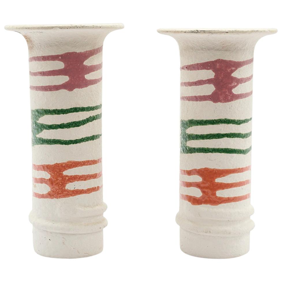 Pair of Ceramic Vases, Textured White with Orange, Green and Red, 1980s