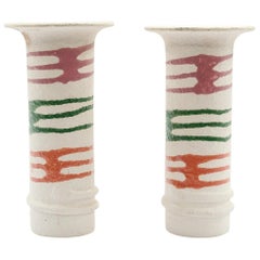 Pair of Ceramic Vases, Textured White with Orange, Green and Red, 1980s
