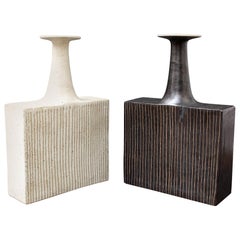 Pair of Ceramic Vases with Line Motif by Bruno Gambone, Black and White