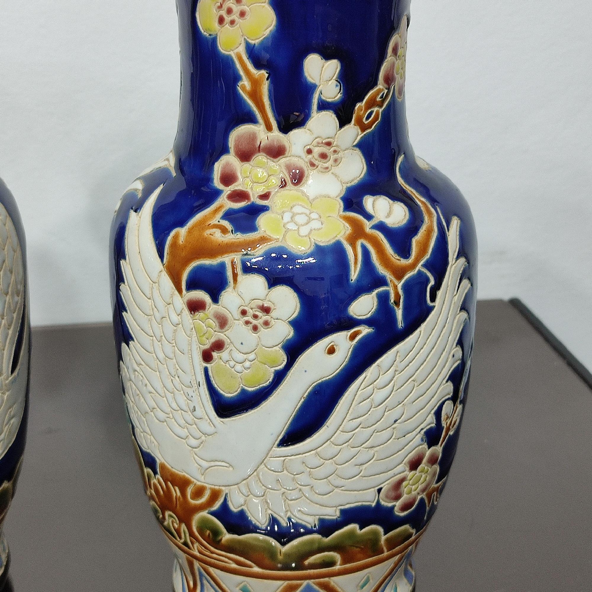 Pair of Ceramic Vases with Wonderful Flying Swans and Cherry Flowers Decor 3