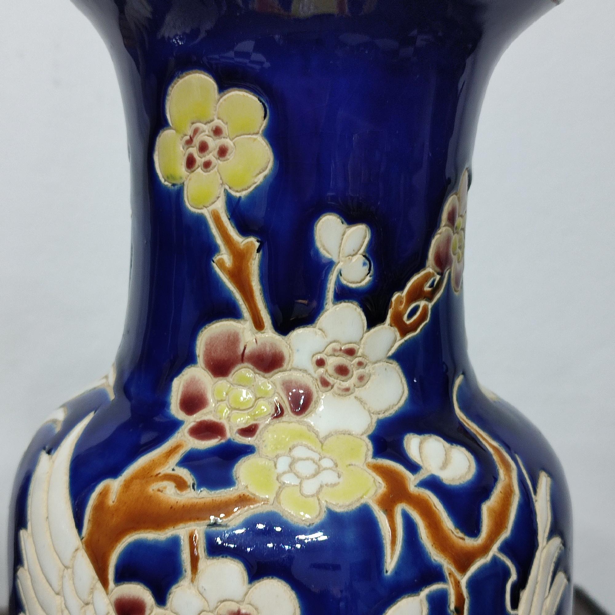 Pair of Ceramic Vases with Wonderful Flying Swans and Cherry Flowers Decor 4