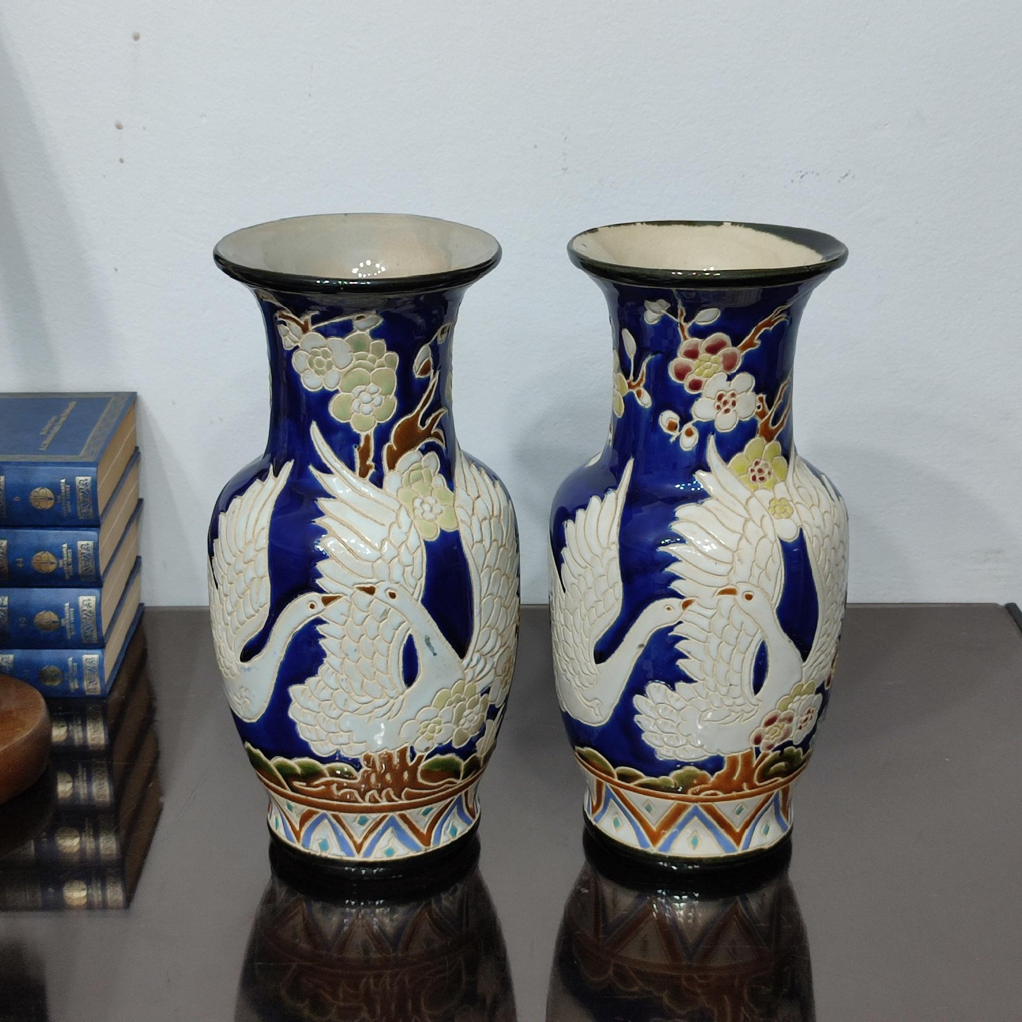 Art Deco Pair of Ceramic Vases with Wonderful Flying Swans and Cherry Flowers Decor