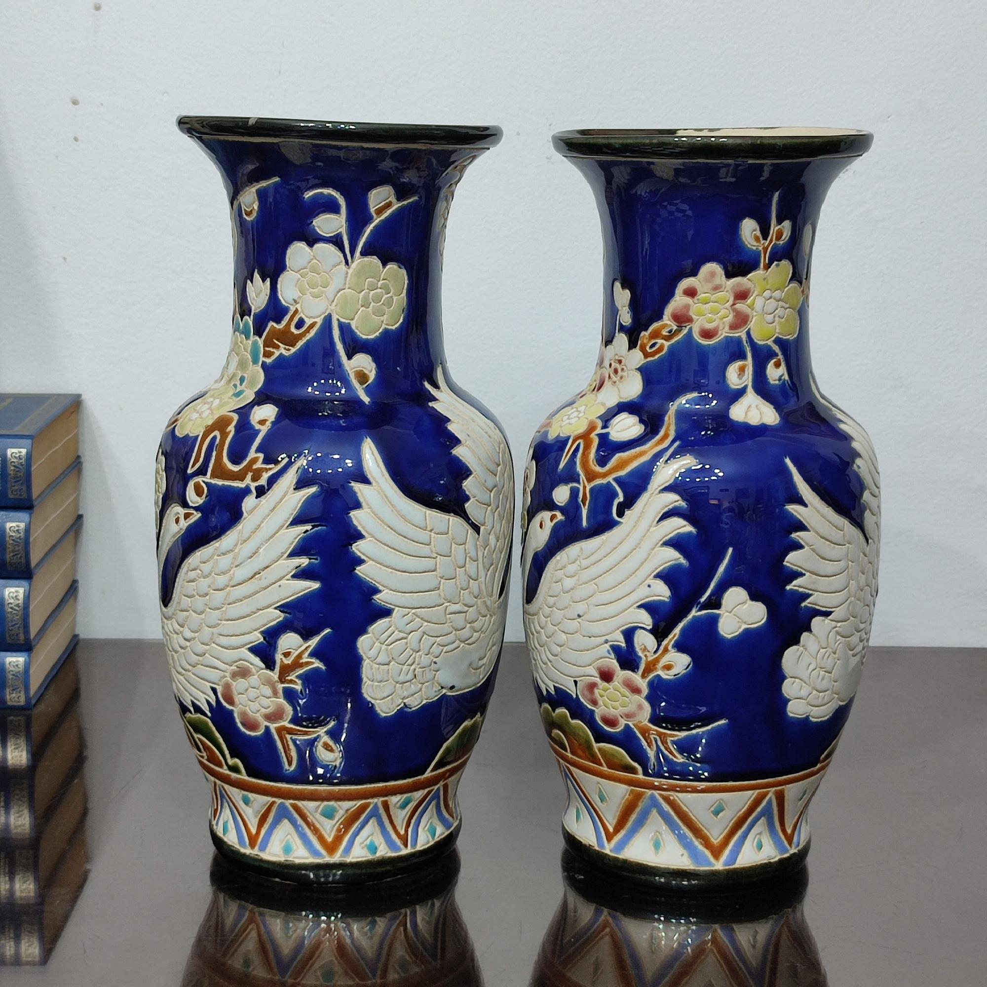 Glazed Pair of Ceramic Vases with Wonderful Flying Swans and Cherry Flowers Decor