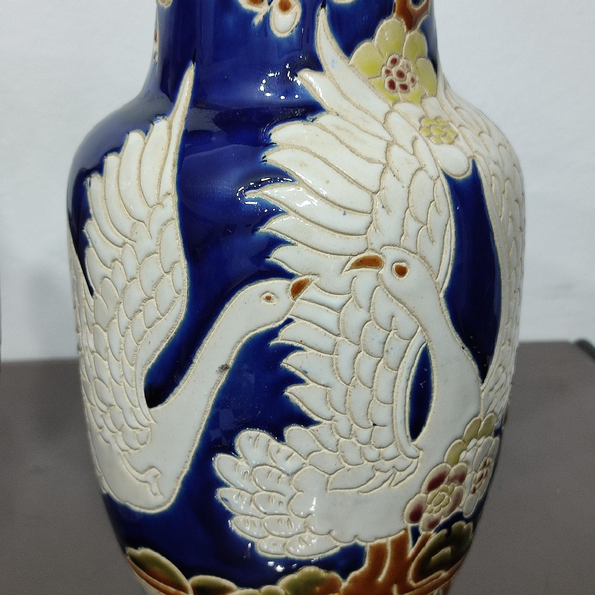 Pair of Ceramic Vases with Wonderful Flying Swans and Cherry Flowers Decor In Good Condition In Bochum, NRW