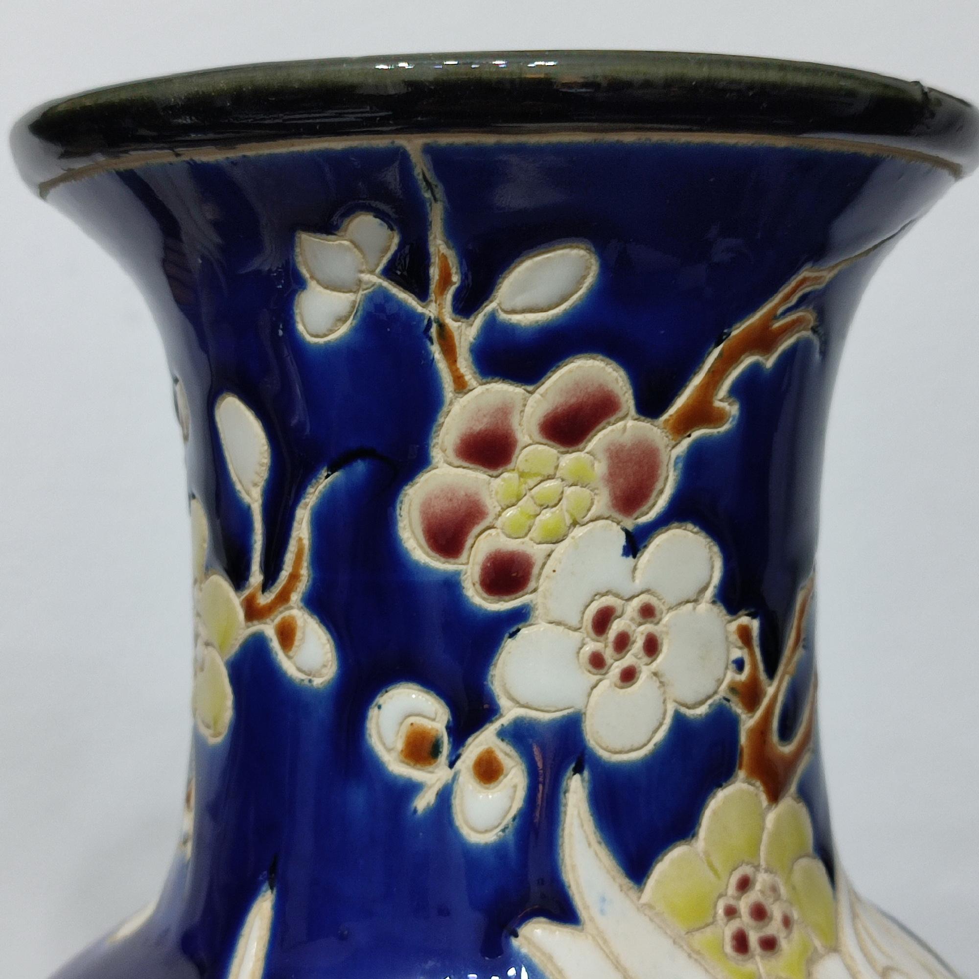 Mid-20th Century Pair of Ceramic Vases with Wonderful Flying Swans and Cherry Flowers Decor