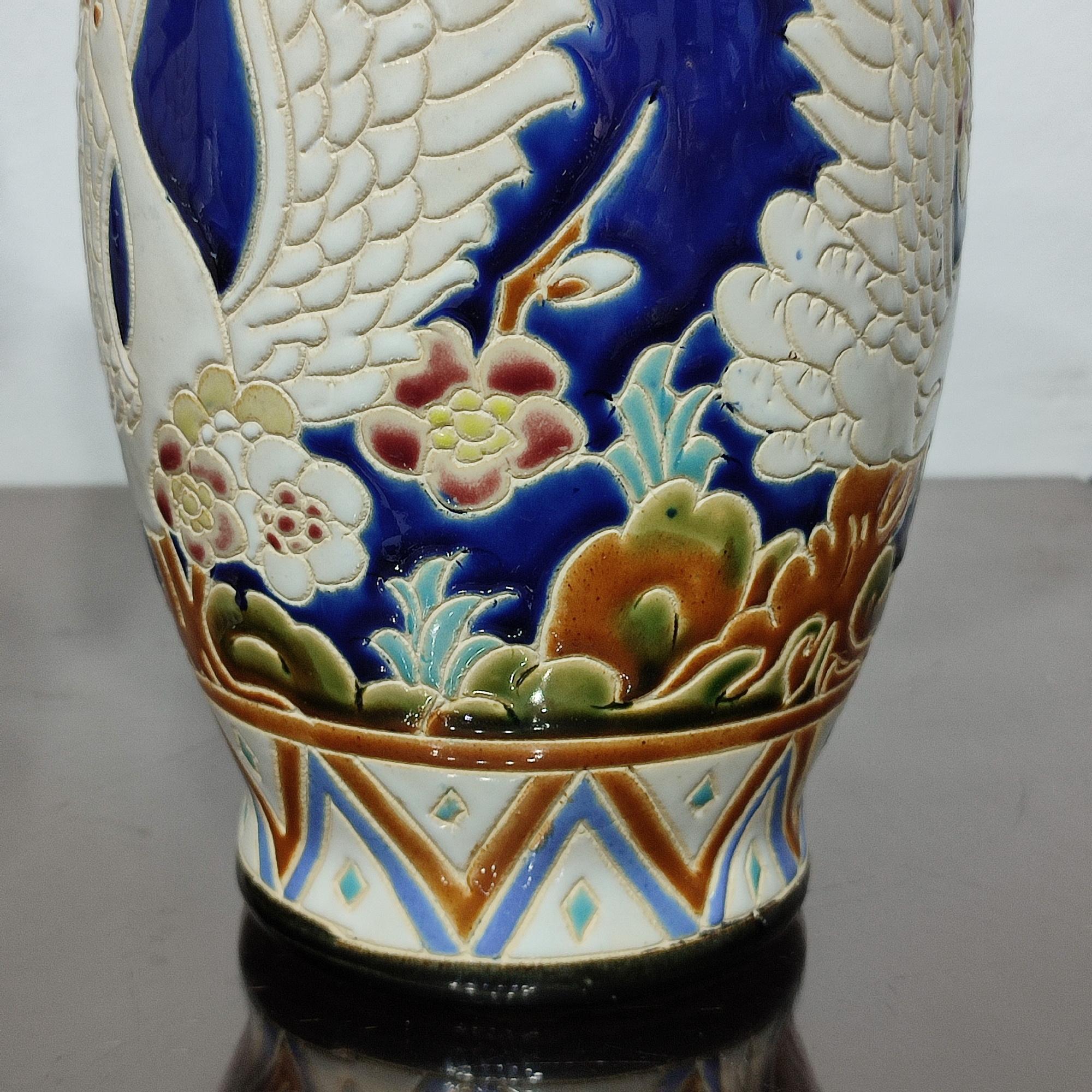 Pair of Ceramic Vases with Wonderful Flying Swans and Cherry Flowers Decor 2