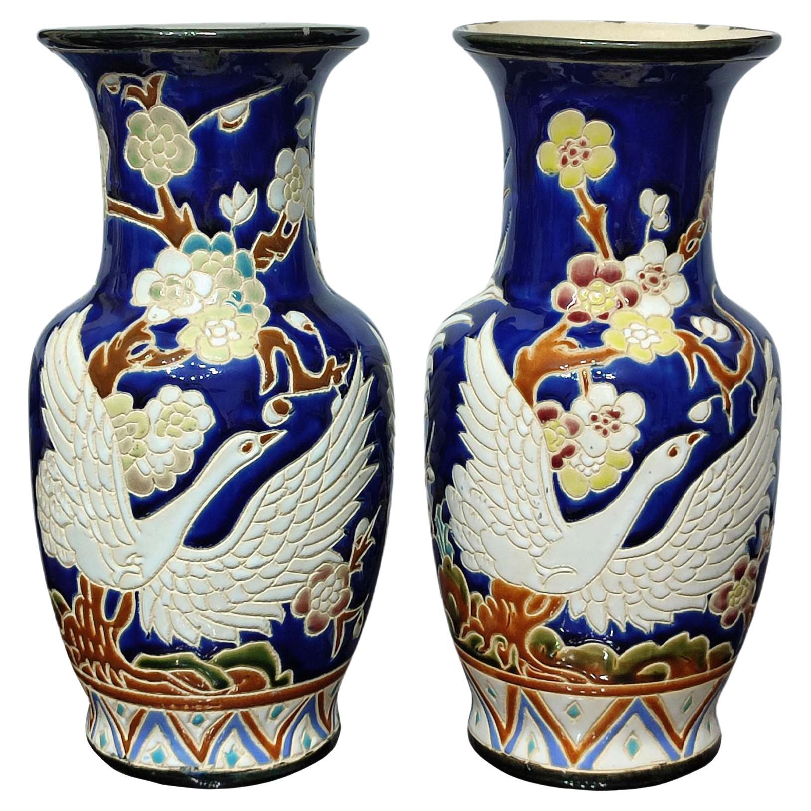Pair of Ceramic Vases with Wonderful Flying Swans and Cherry Flowers Decor