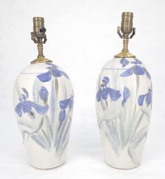 Pair of Ceramic White & Flow Blue Artist Signed Vase Shape Table Lamps MINT