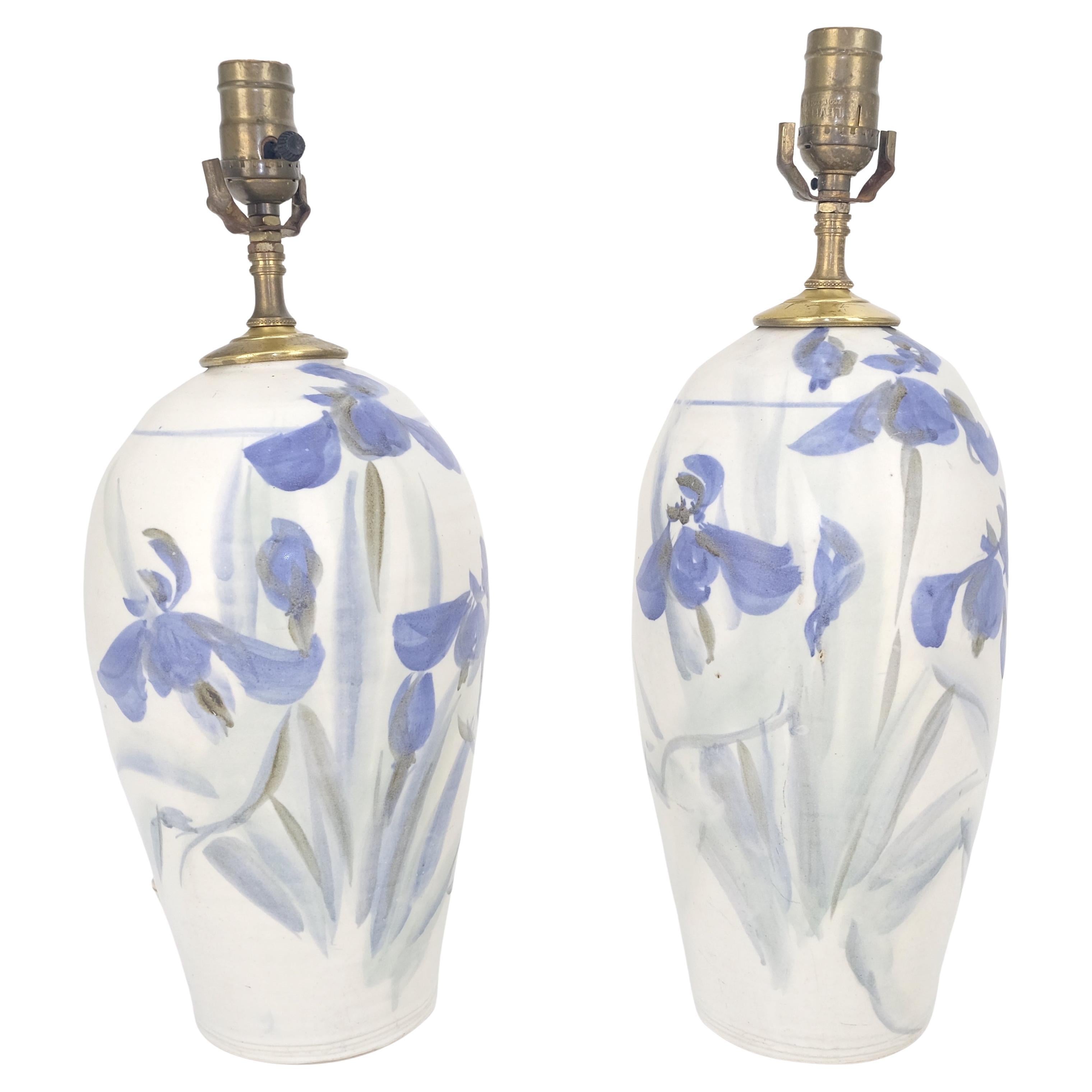 Pair of Ceramic White 
Flow Blue Artist Signed Vase Shape Table Lamps MINT For Sale