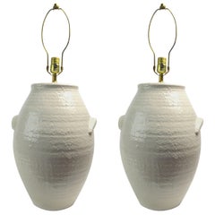 Pair of Ceramic White on White Jar Form Table Lamps