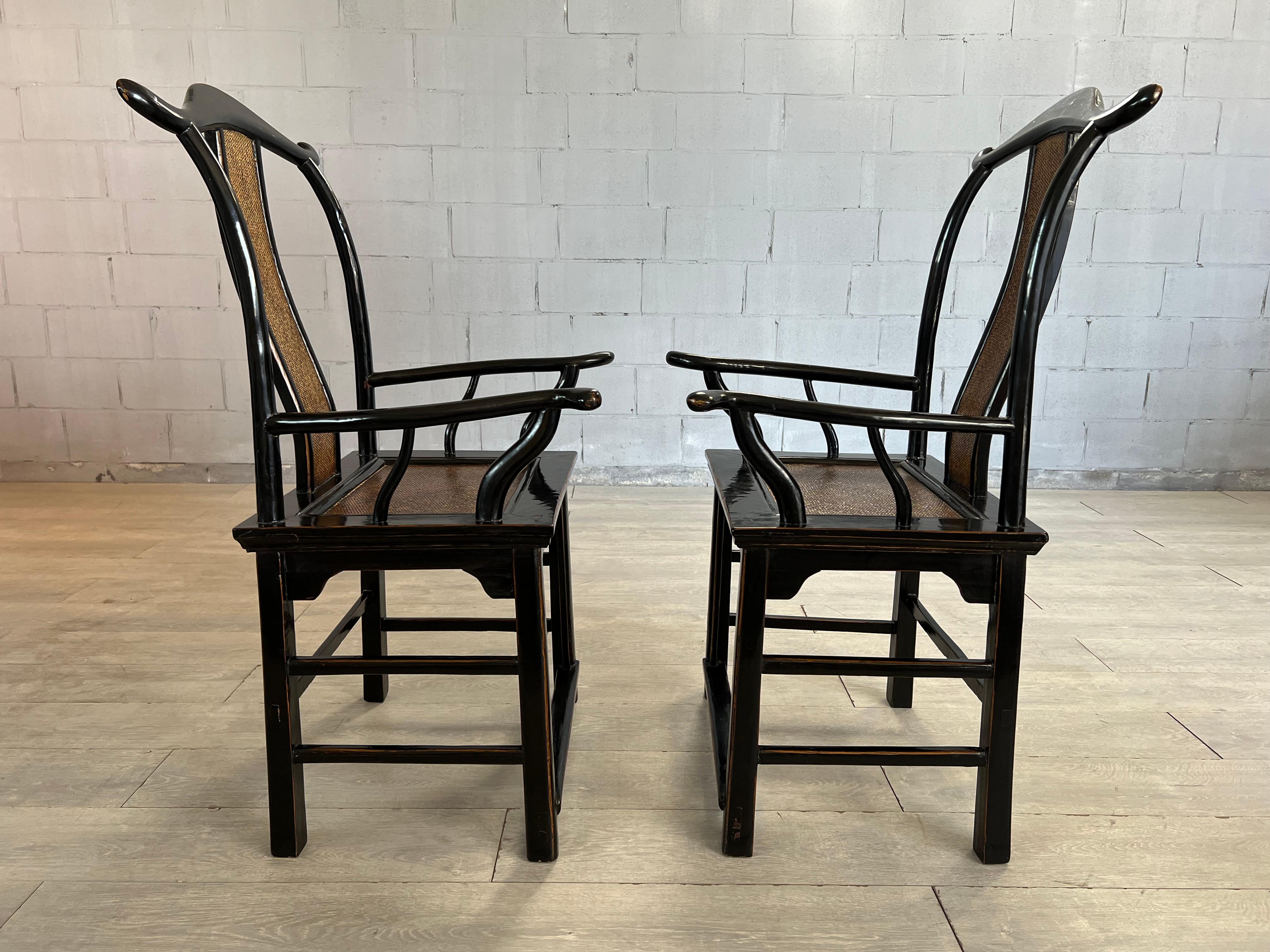Pair of Certified Chinese 19c Armchairs in Black Laquered Elmwood and Rattan  For Sale 6