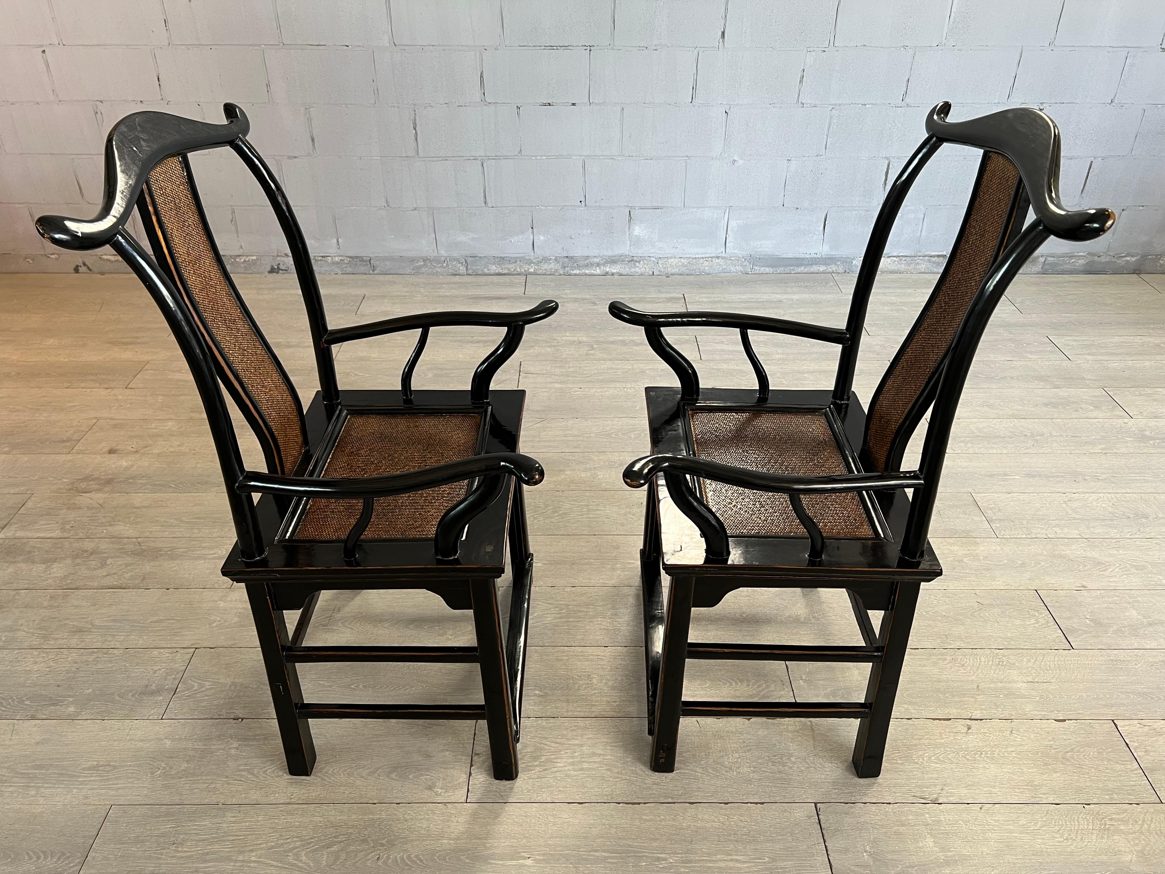 Pair of Certified Chinese 19c Armchairs in Black Laquered Elmwood and Rattan  For Sale 7