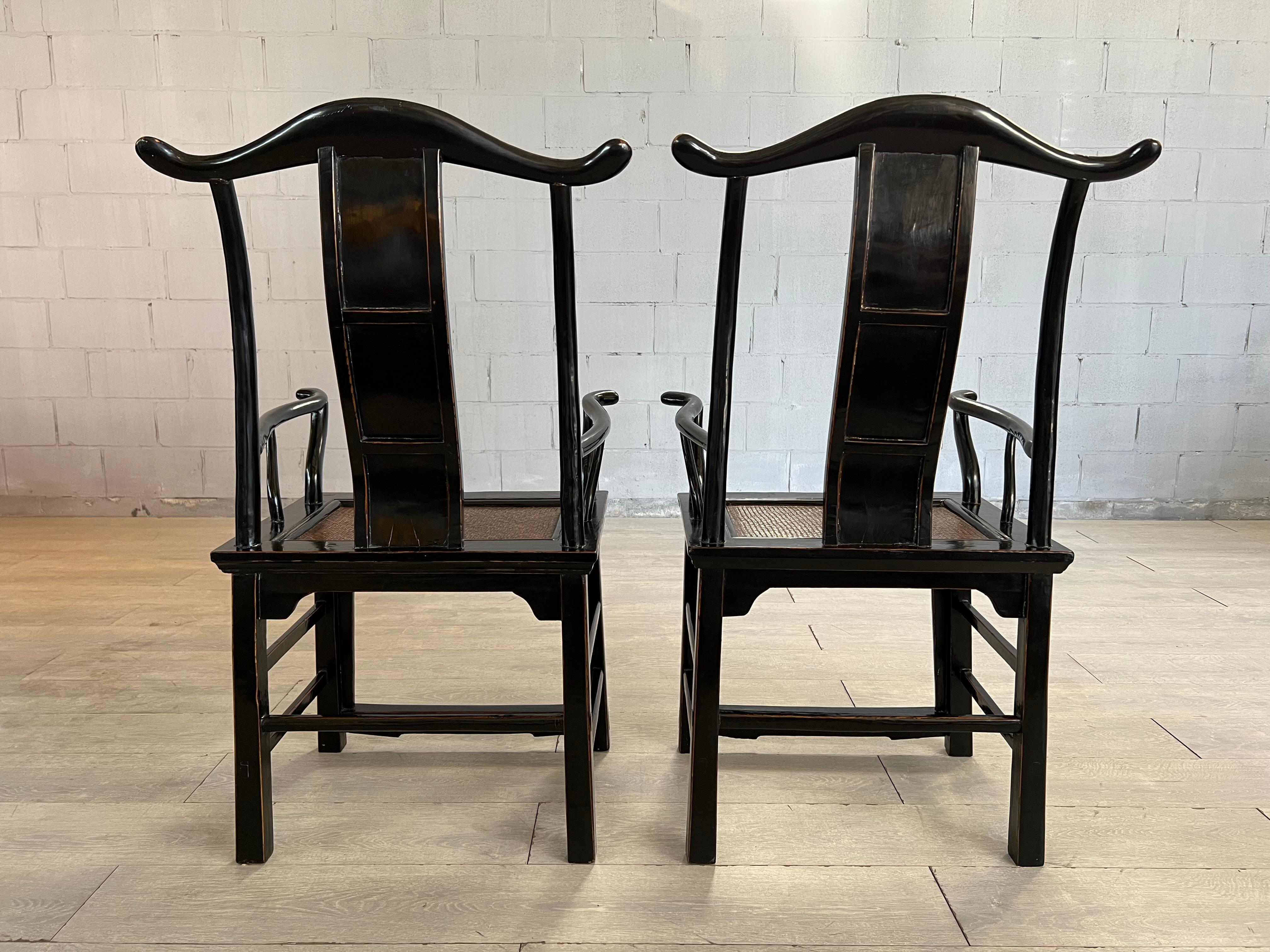 Pair of Certified Chinese 19c Armchairs in Black Laquered Elmwood and Rattan  For Sale 12