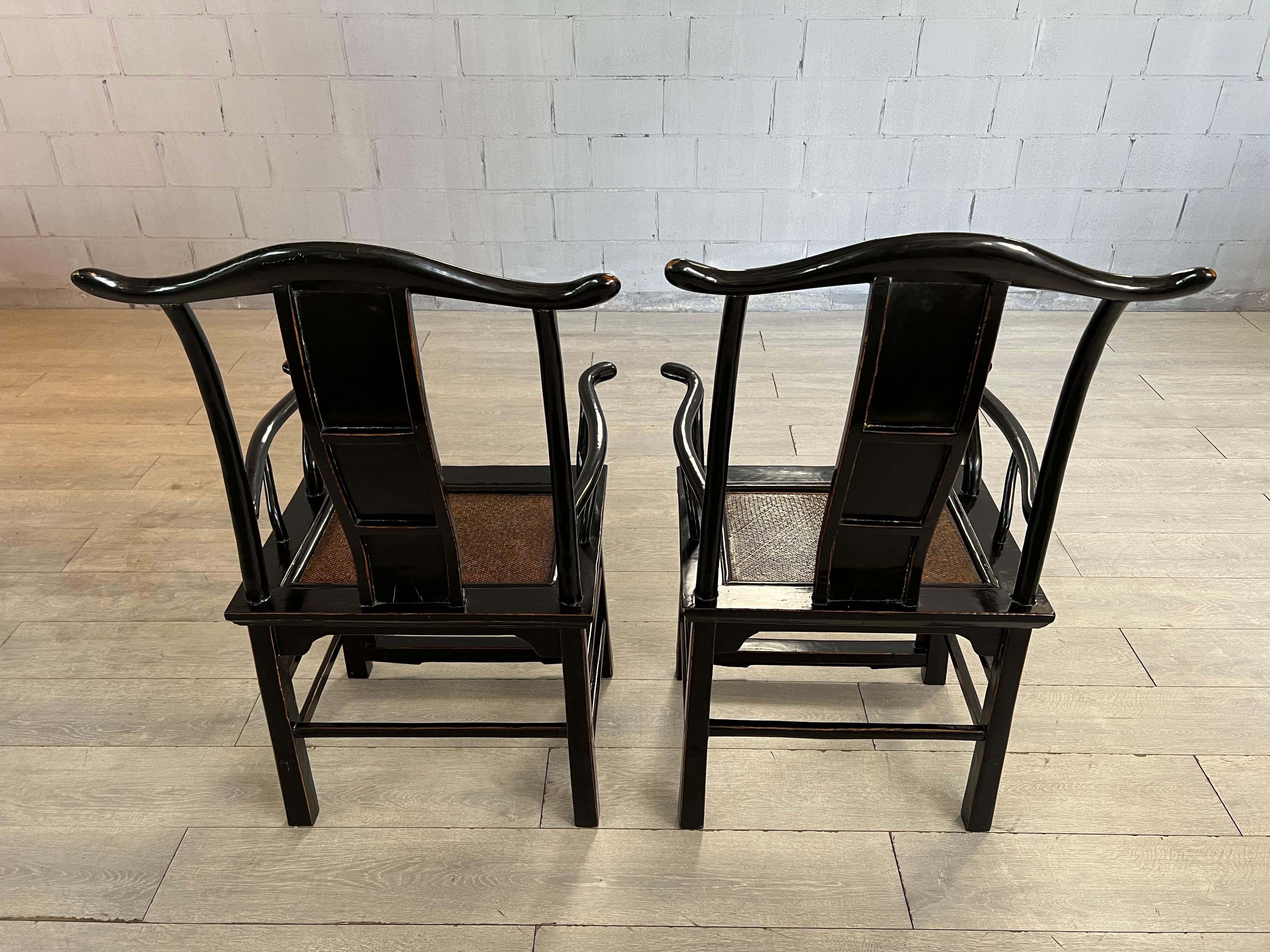 Pair of Certified Chinese 19c Armchairs in Black Laquered Elmwood and Rattan  For Sale 13
