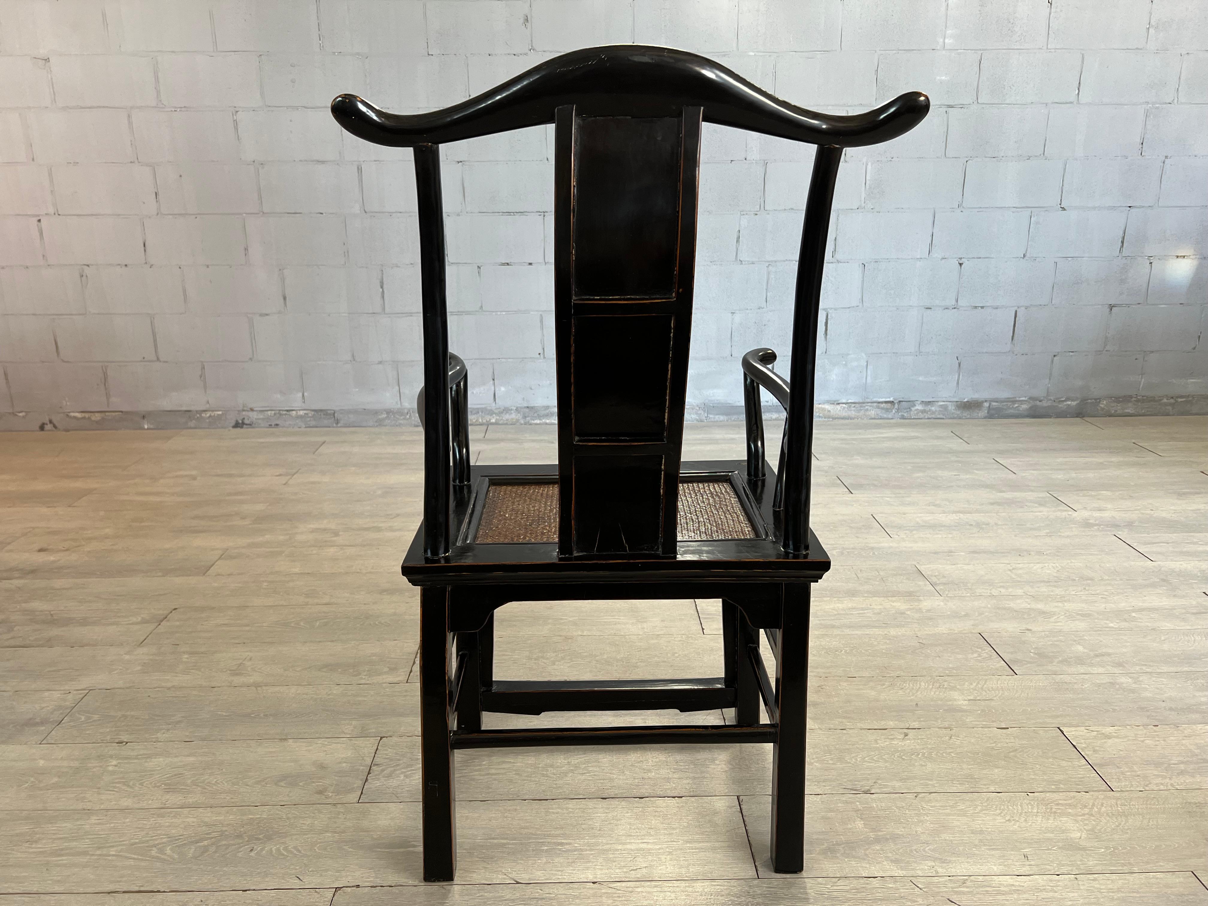 Pair of Certified Chinese 19c Armchairs in Black Laquered Elmwood and Rattan  For Sale 14