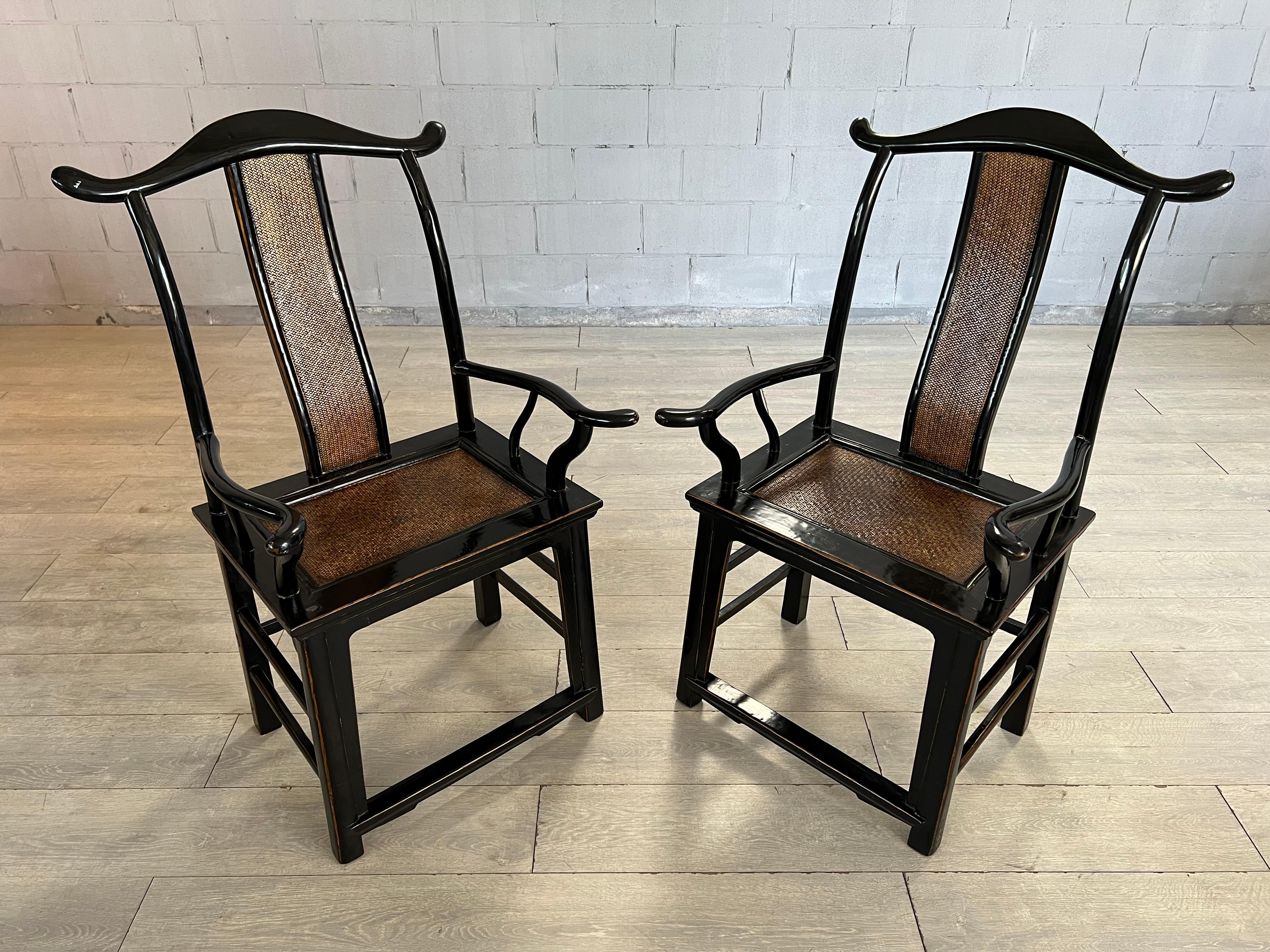 Hand-Carved Pair of Certified Chinese 19c Armchairs in Black Laquered Elmwood and Rattan  For Sale