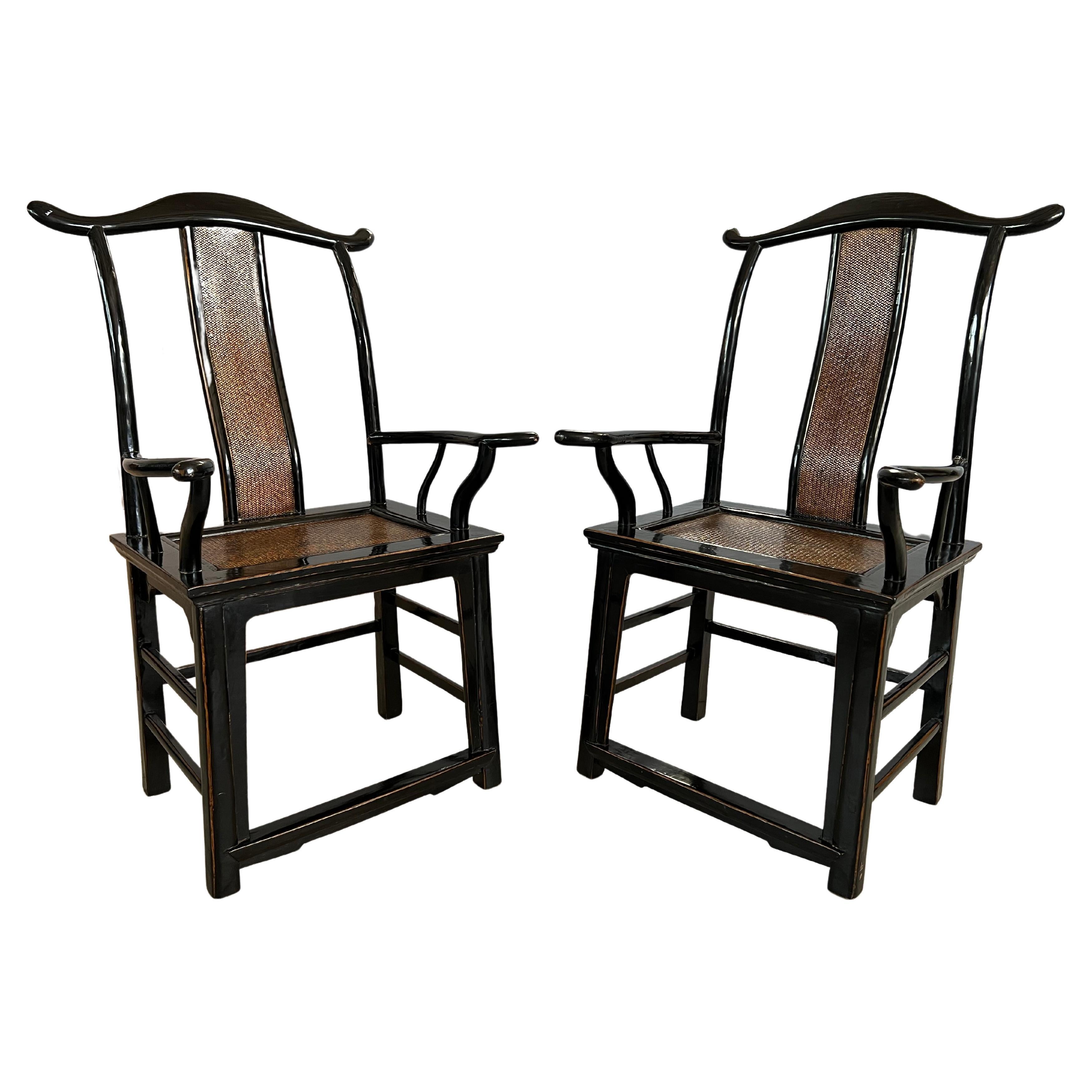 Pair of Certified Chinese 19c Armchairs in Black Laquered Elmwood and Rattan  For Sale