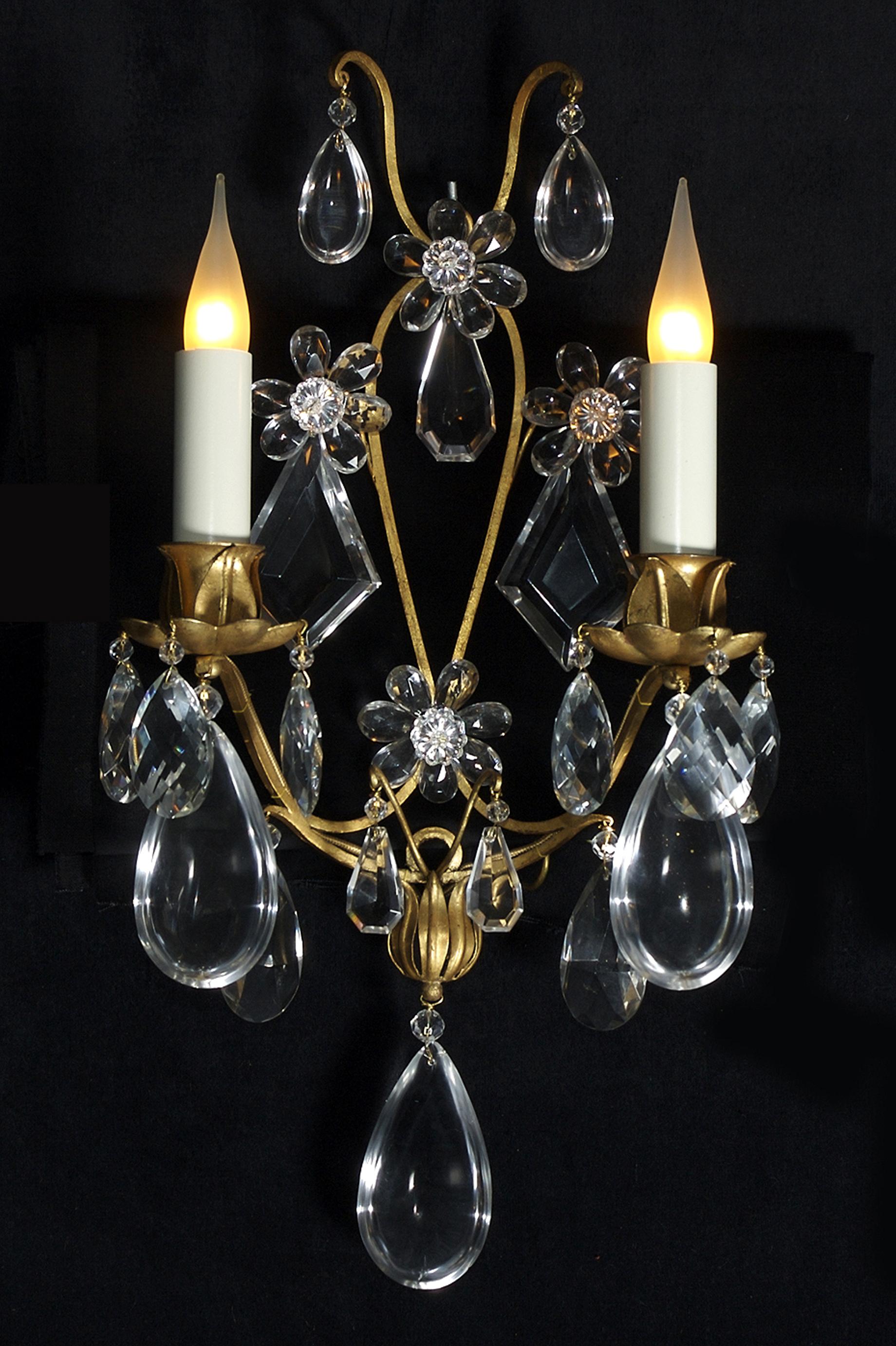 #7127 pair of 19th century style, two-light wall sconces in gilt gold.
Iron and crystal (UL listing available for an additional fee).
 