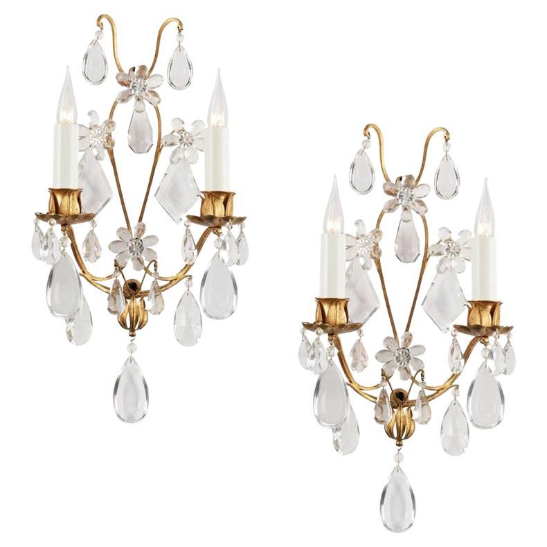 Pair of Certified Maison Baguès Crystal Sconces For Sale