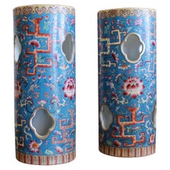 Pair Of Cerulean Blue Chinese Porcelain Hat Stands / Wig Stands
