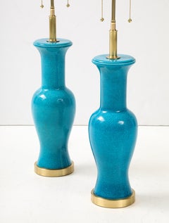 Pair of Cerulean Blue crackle Glazed Ceramic Lamps