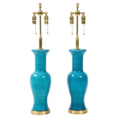 Paire de lampes en céramique émaillée bleue céruléenne