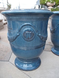 Pair of Cerulean Blue Glazed Terracotta French Anduze Garden Pots