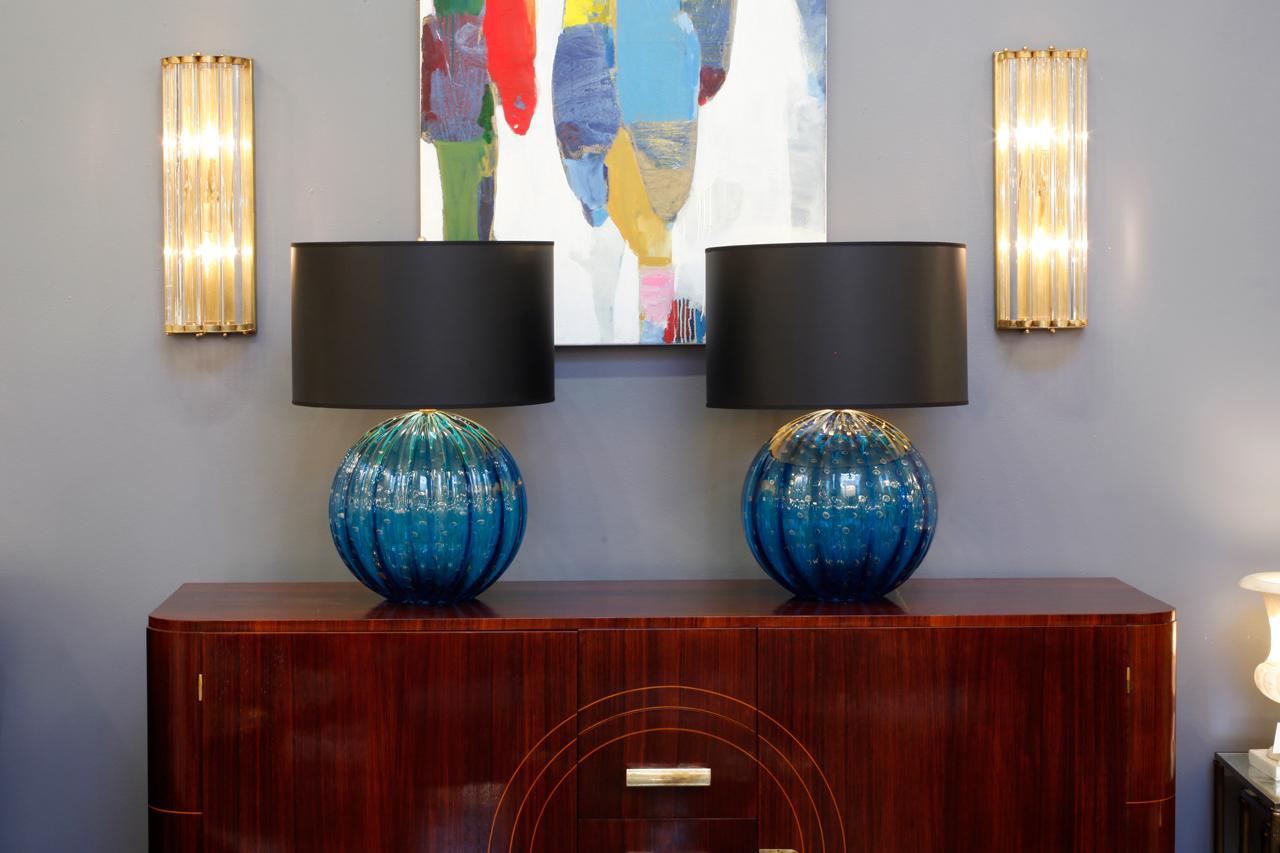 Stunning pair of cerulean blue Murano glass table lamps with 23-karat 