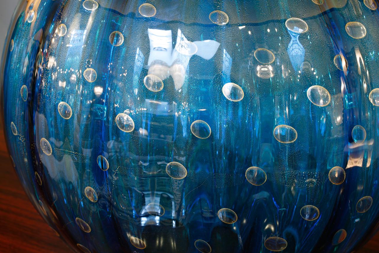 Italian Pair of Cerulean Murano Glass Globe Lamps