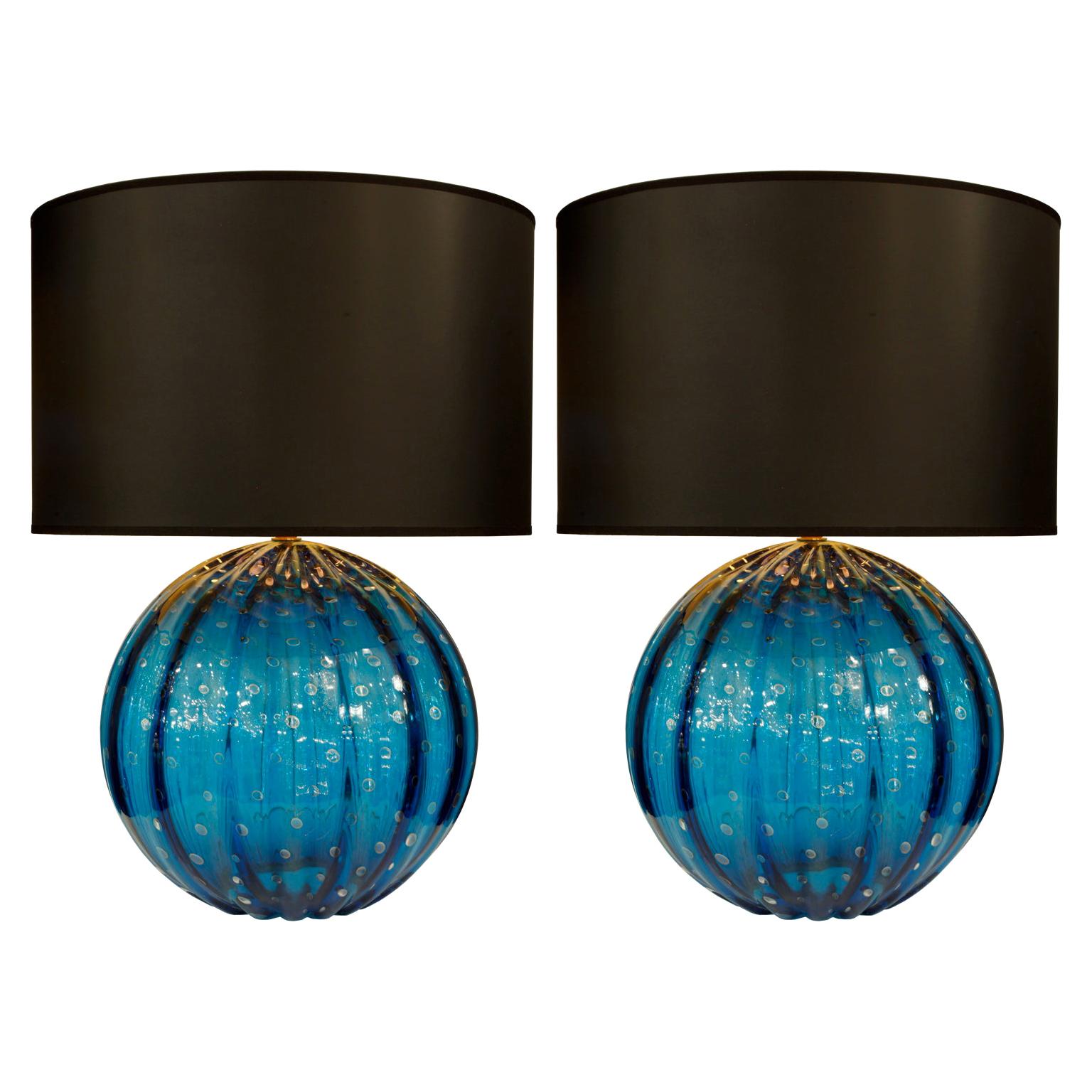 Pair of Cerulean Murano Glass Globe Lamps