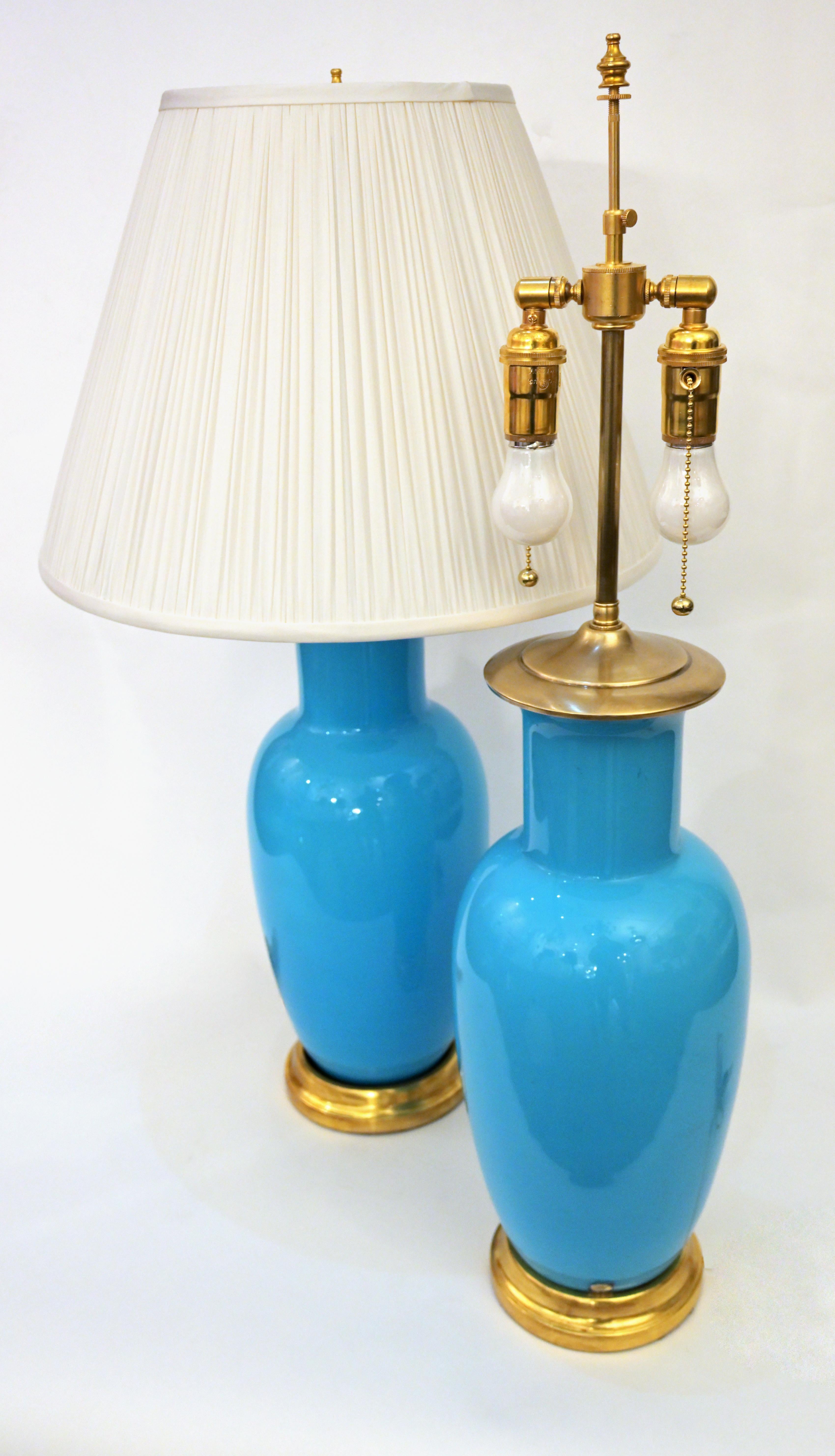 Brass Pair of Cerulean Murano Glass Table Lamps by David Duncan Studio For Sale