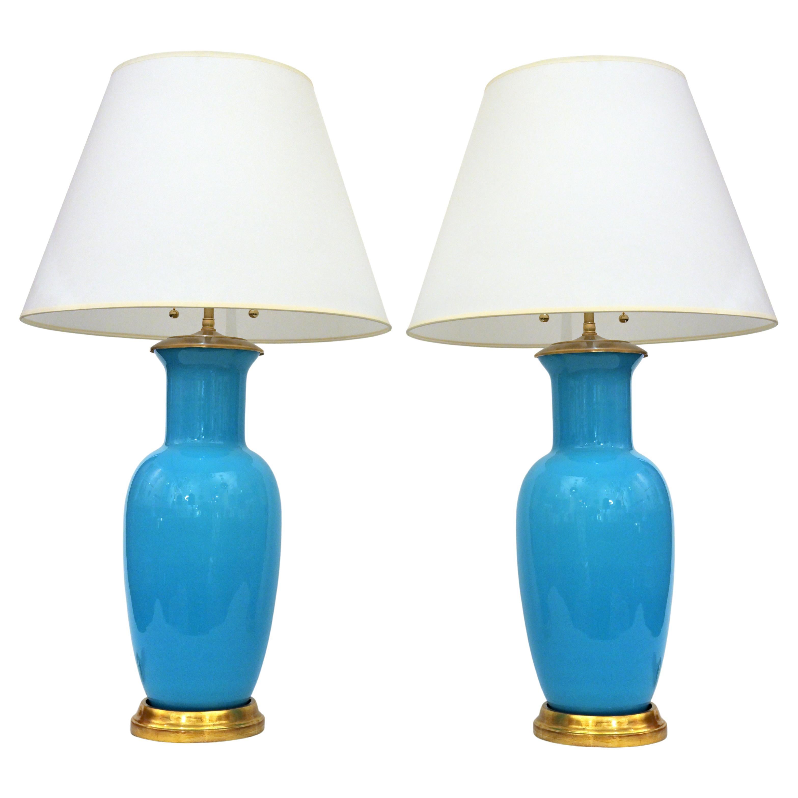 Paire de lampes de bureau en verre de Murano céruléen par David Duncan Studio