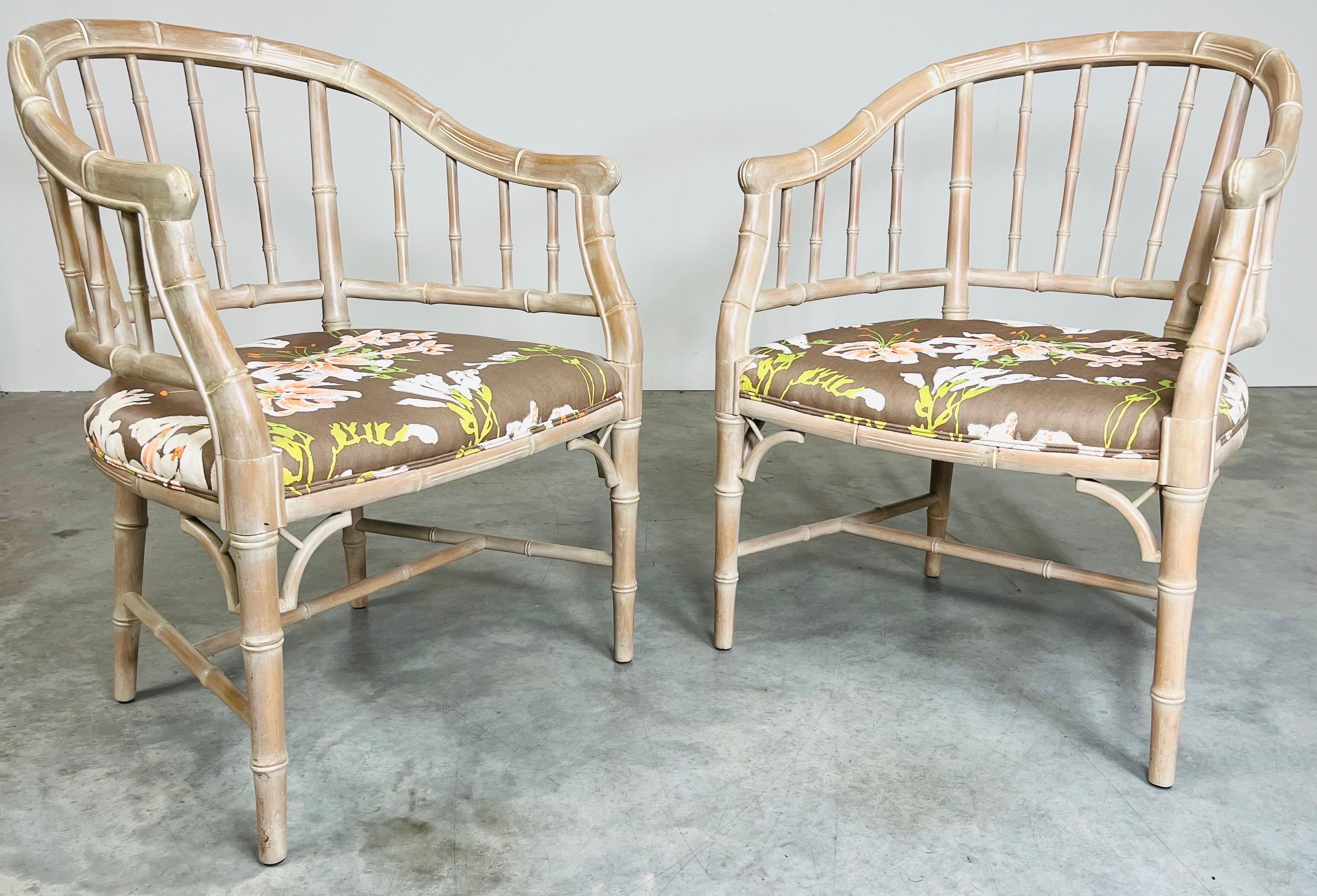 Hand-Carved Pair of Cerused Chinese Chippendale Style Faux Bamboo Carved Armchairs For Sale