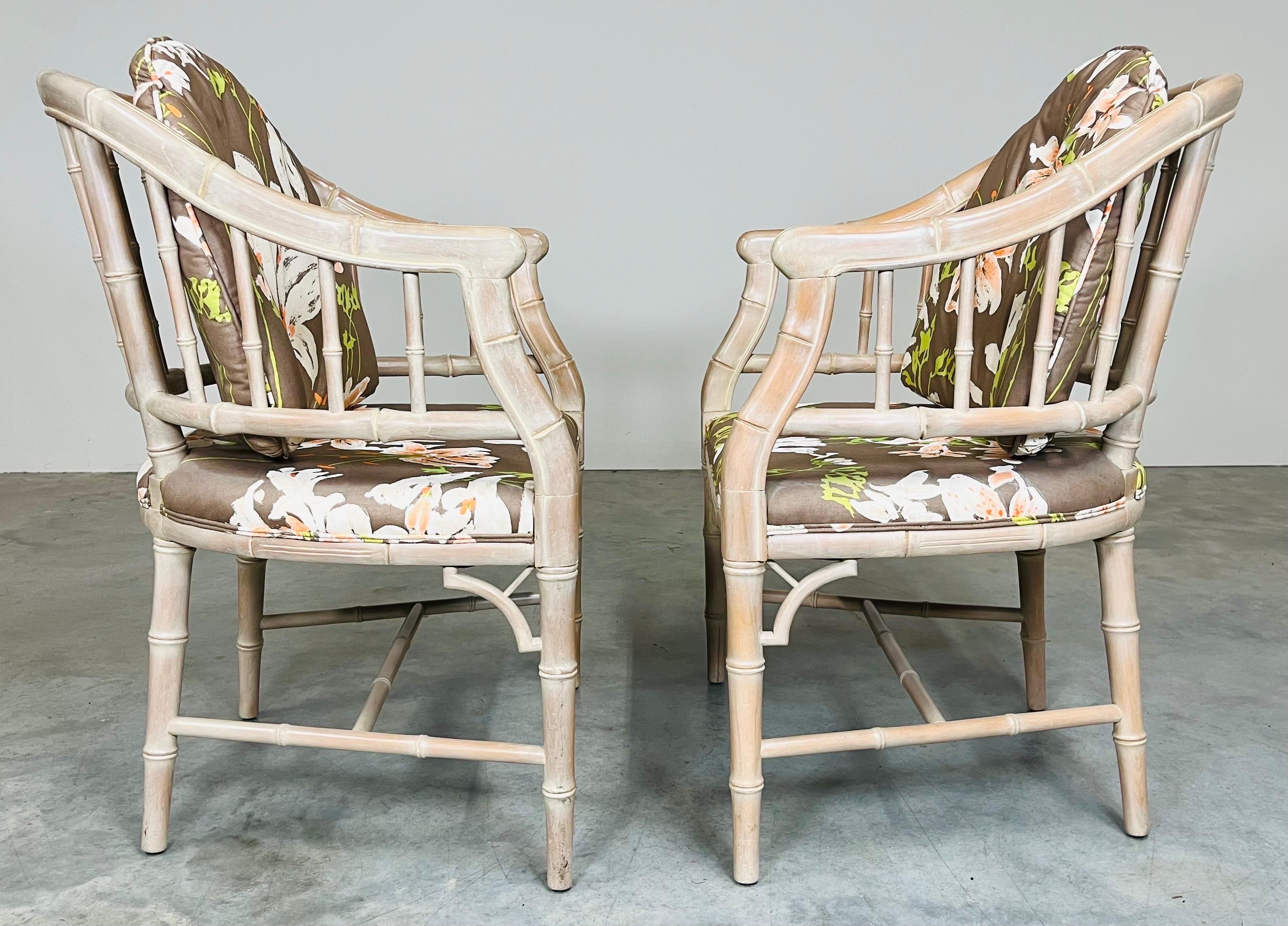 20th Century Pair of Cerused Chinese Chippendale Style Faux Bamboo Carved Armchairs For Sale
