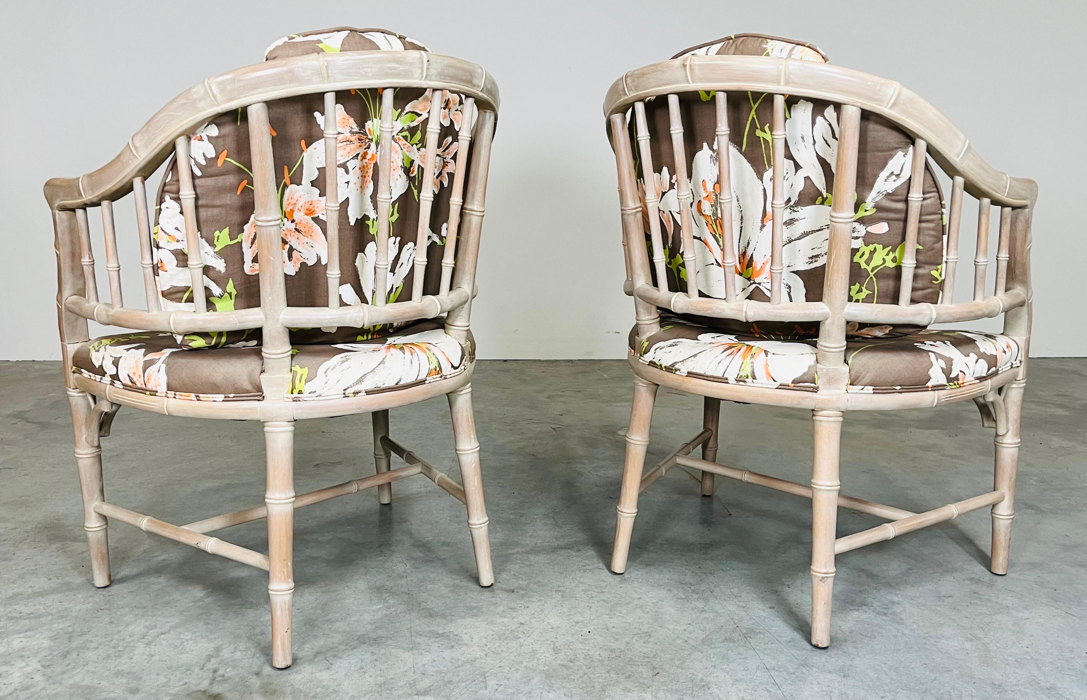 Cotton Pair of Cerused Chinese Chippendale Style Faux Bamboo Carved Armchairs For Sale