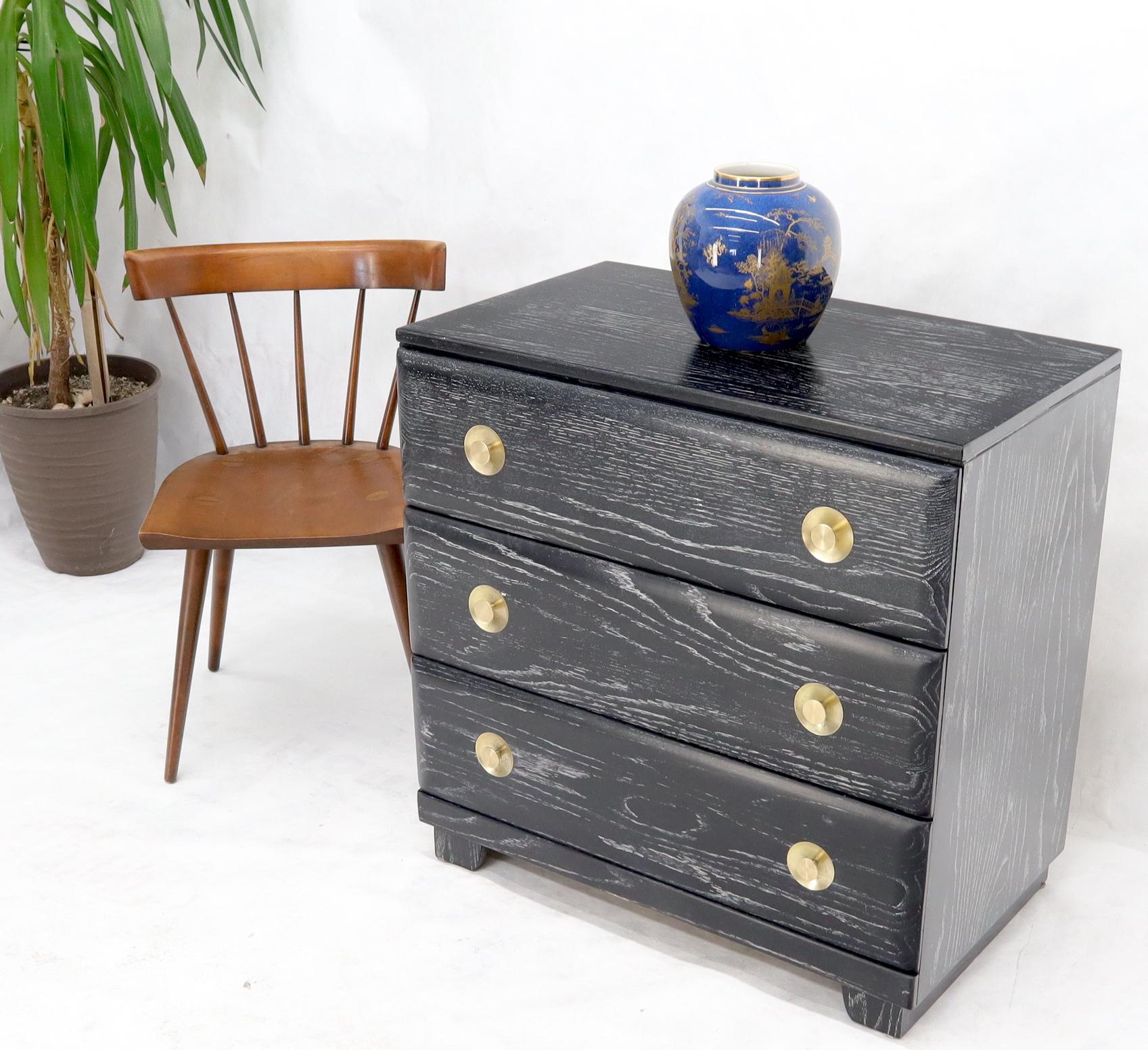 Pair of Mid-Century Modern cerused oak 3 drawer bachelor chests with nice solid brass round accents hardware.