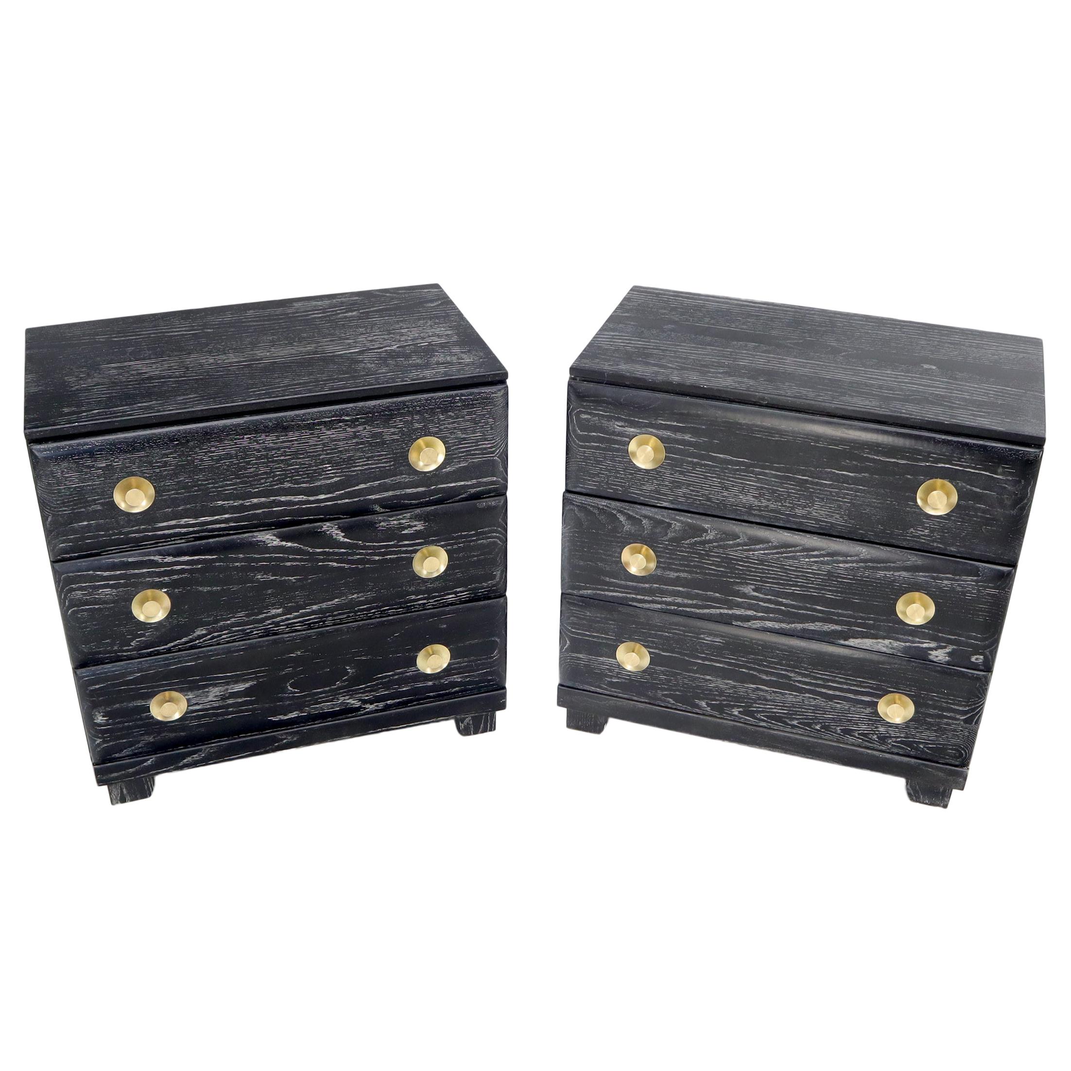 Pair of Cerused Limed Oak Three-Drawer Bachelor Chests with Round Brass For Sale