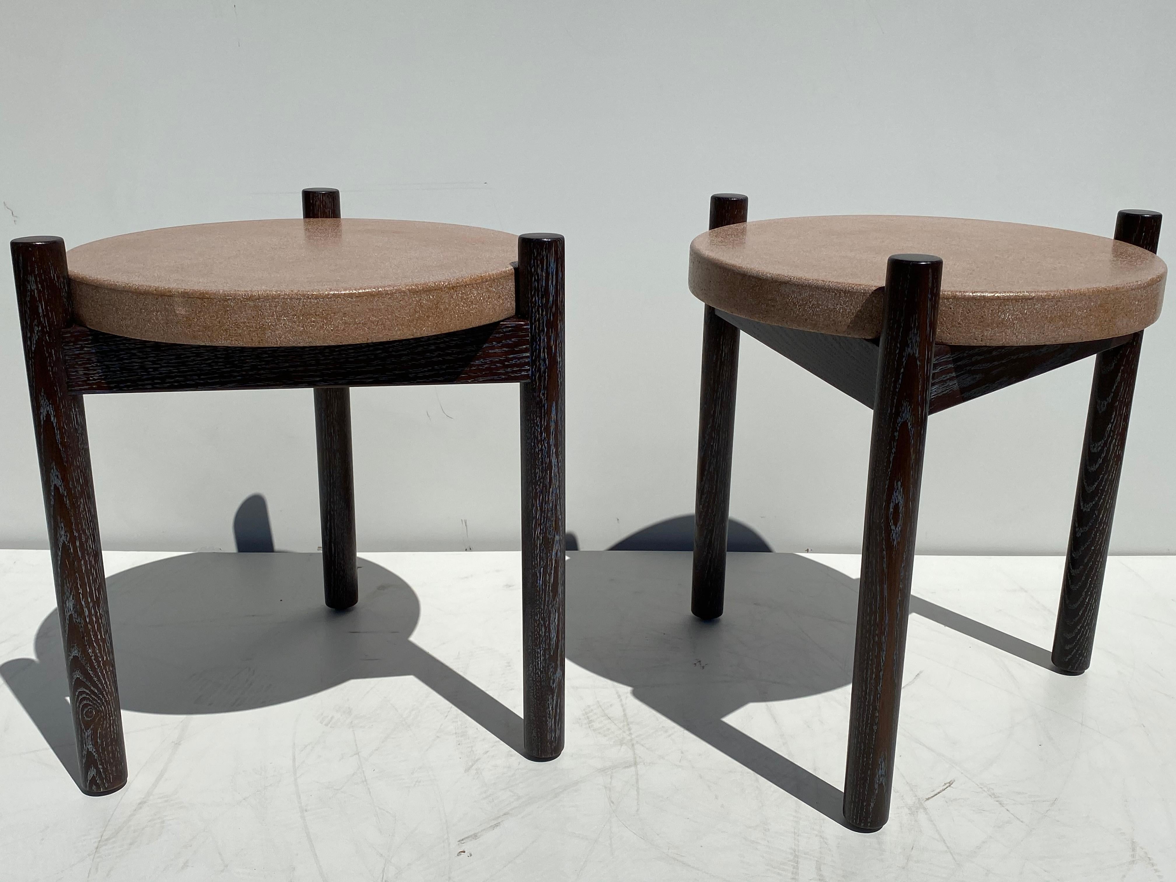 Pair of midcentury inspired cerused oak and cork side tables.
